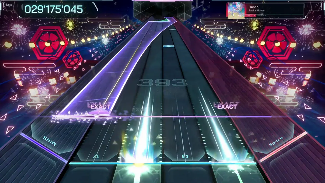 A violet beam rides the center lanes at 029'175'045 while the Hanabi FBD 11 watermark stands at 393