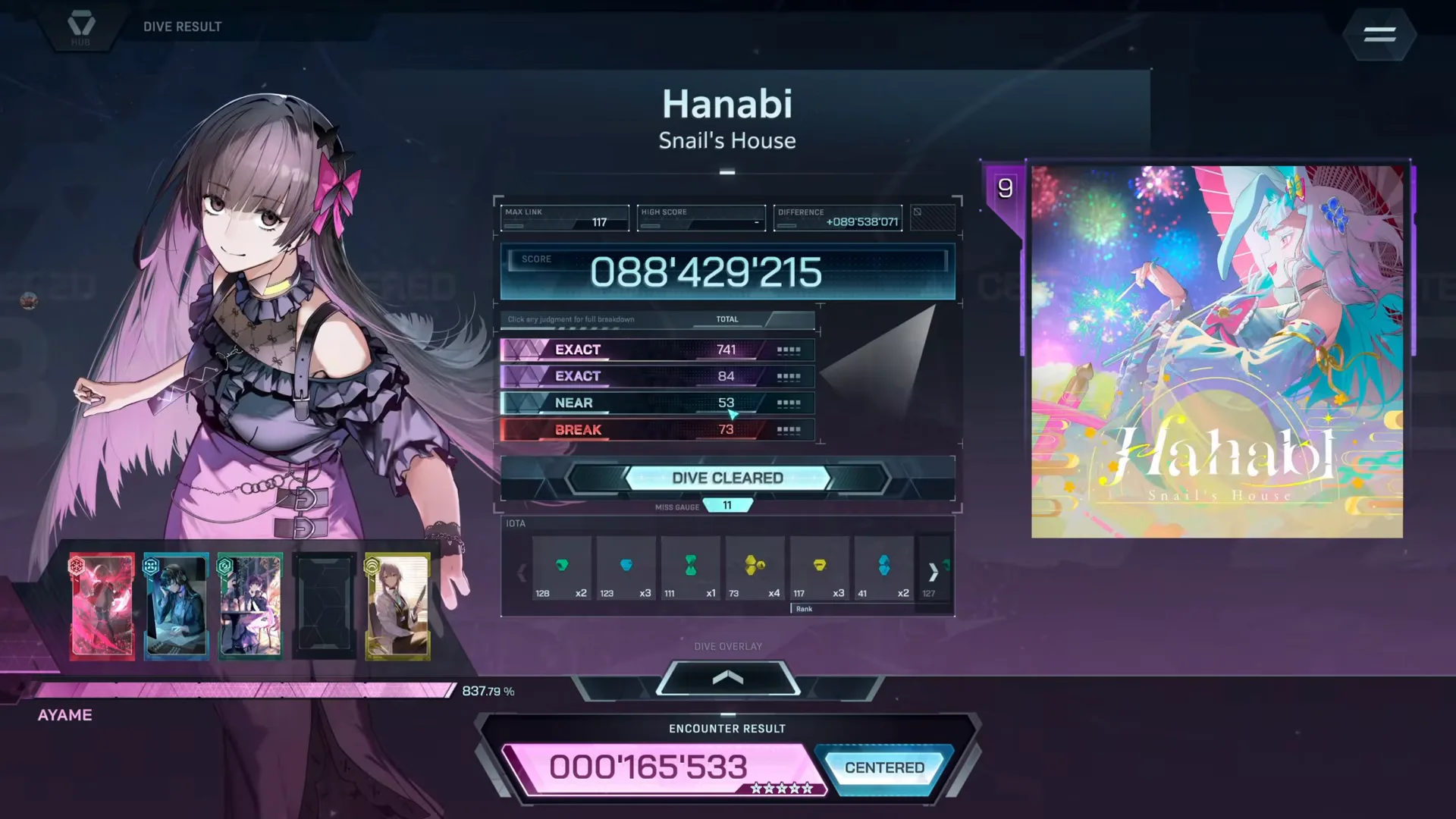 951 notes on the Hanabi ULT 9 card in In Falsus — EXACT 741 + 84, NEAR 53, BREAK 73, and a Rank box that never lights