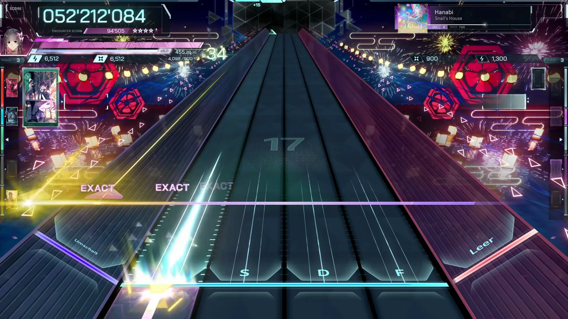 Yellow flick arrows meet two EXACTs at chain 17 inside In Falsus Hanabi ULT 9, score 052'212'084