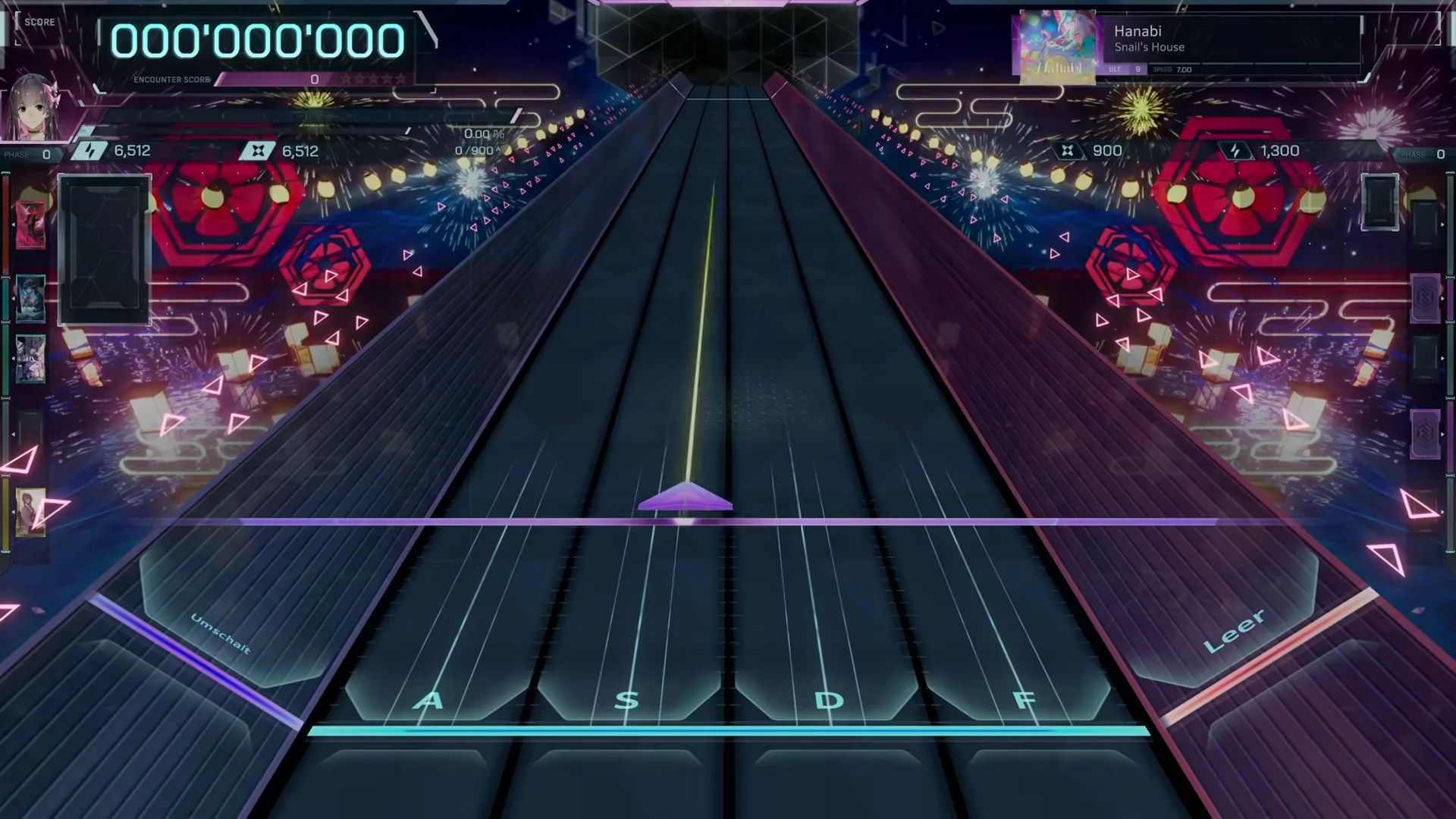 Hanabi ULT 9 loads onto six bare In Falsus lanes at zero, A S D F key caps and SPEED 7.00 on the pinned card