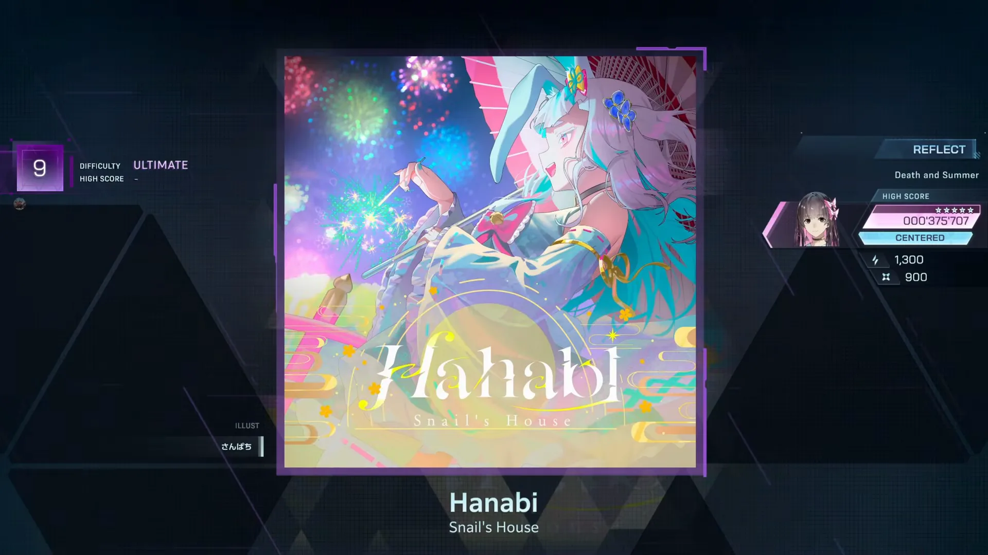 Hanabi's In Falsus contract card reads ULTIMATE 9 over Snail's House, jacket by さんぱち, no score on file