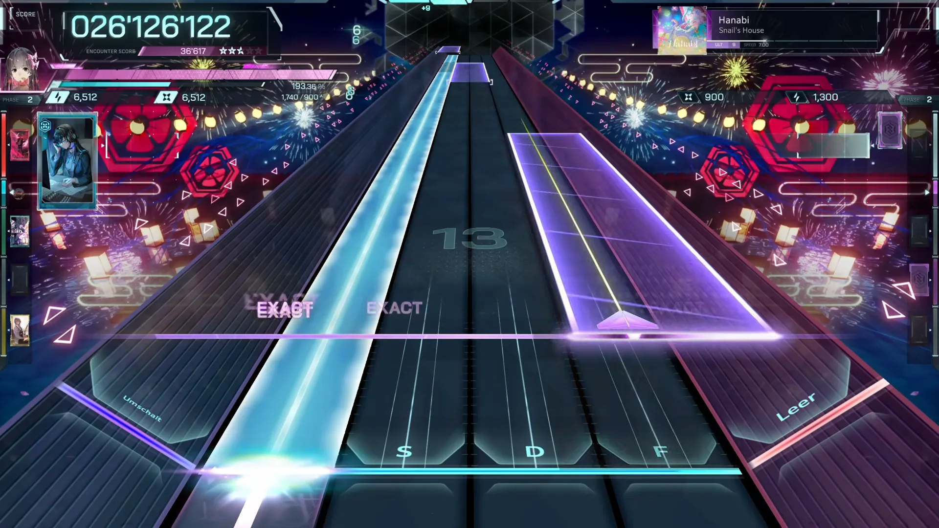 Two beams at once at 026'126'122 — a cyan hold under a violet field, chain rebuilt to 13 on In Falsus Hanabi ULT 9