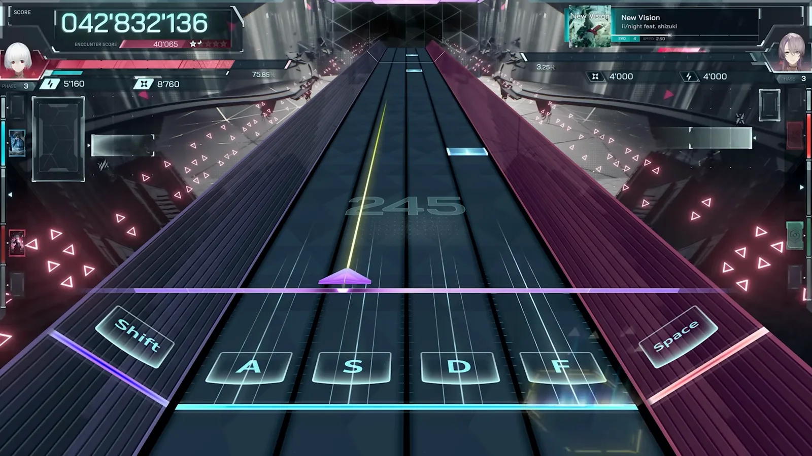 Note dropping down one of the far side lanes in In Falsus gameplay which forces the hand to swivel off its home position Note dropping down one of the far side lanes in In Falsus gameplay which forces the hand to swivel off its home position