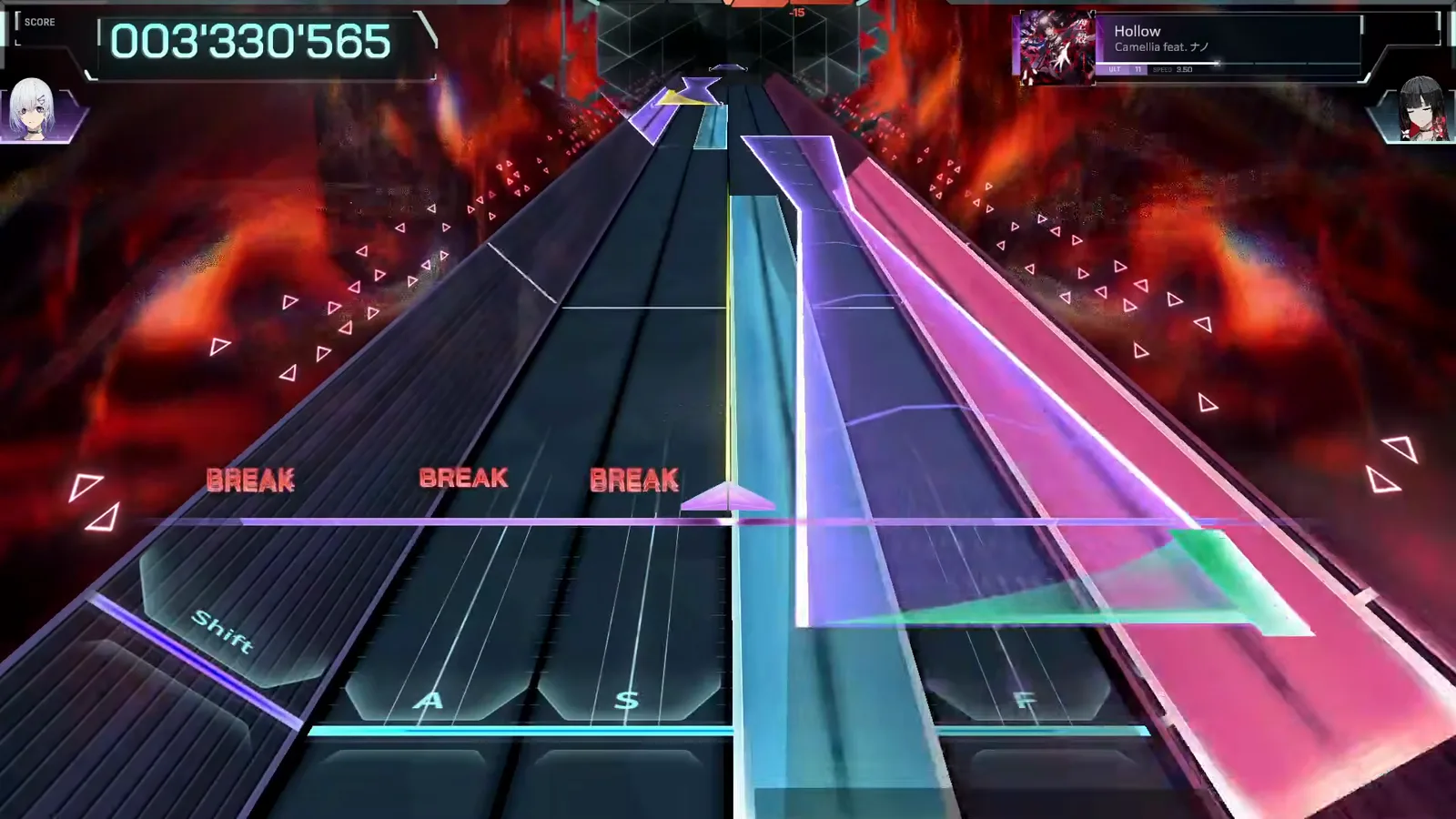 Layered cyan, violet and magenta beams stack into a wall as a green flick arrow waits in In Falsus