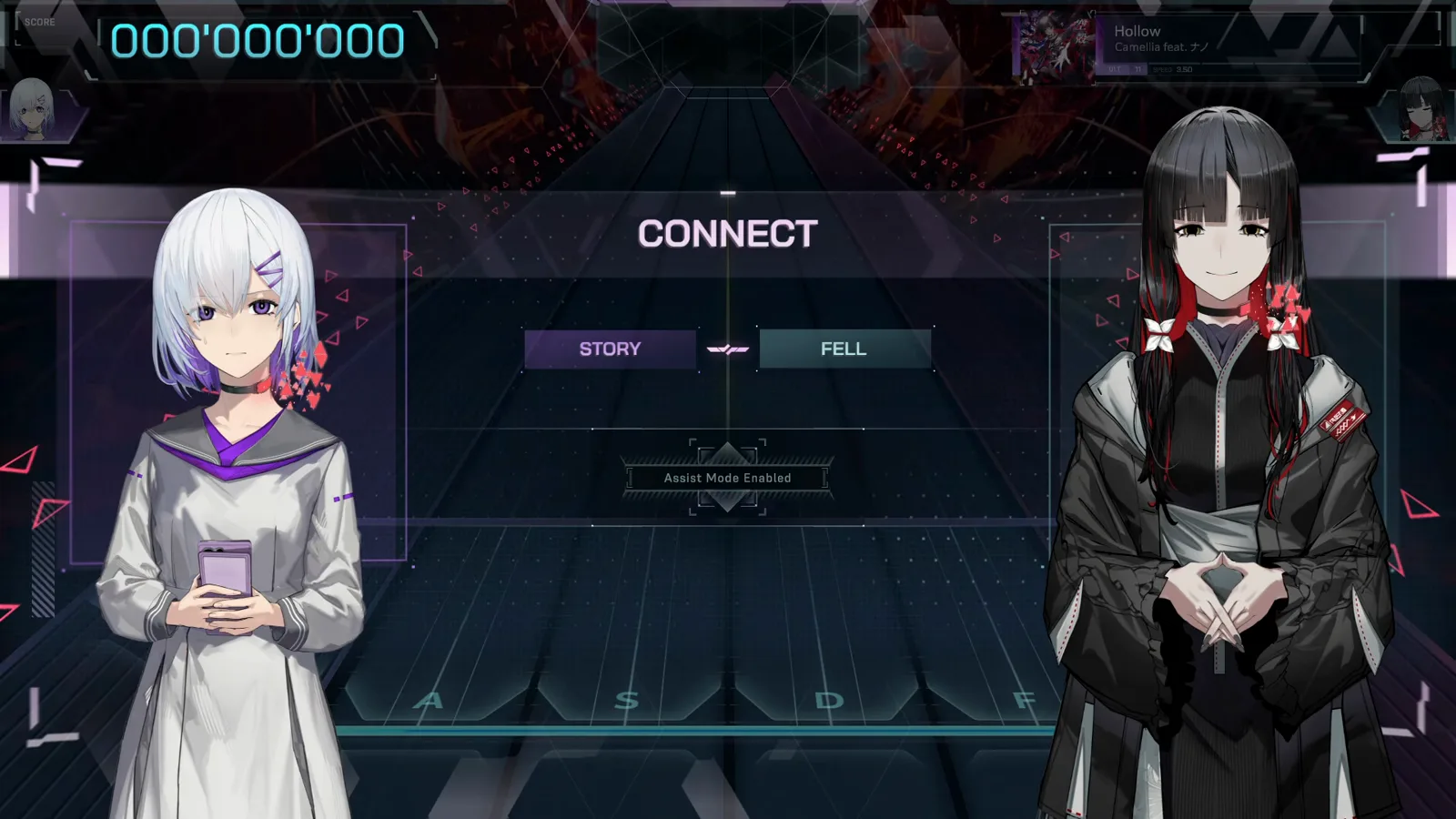 Hollow's CONNECT screen in In Falsus shows Camellia feat. Nano, the ULT 11 badge and Assist Mode