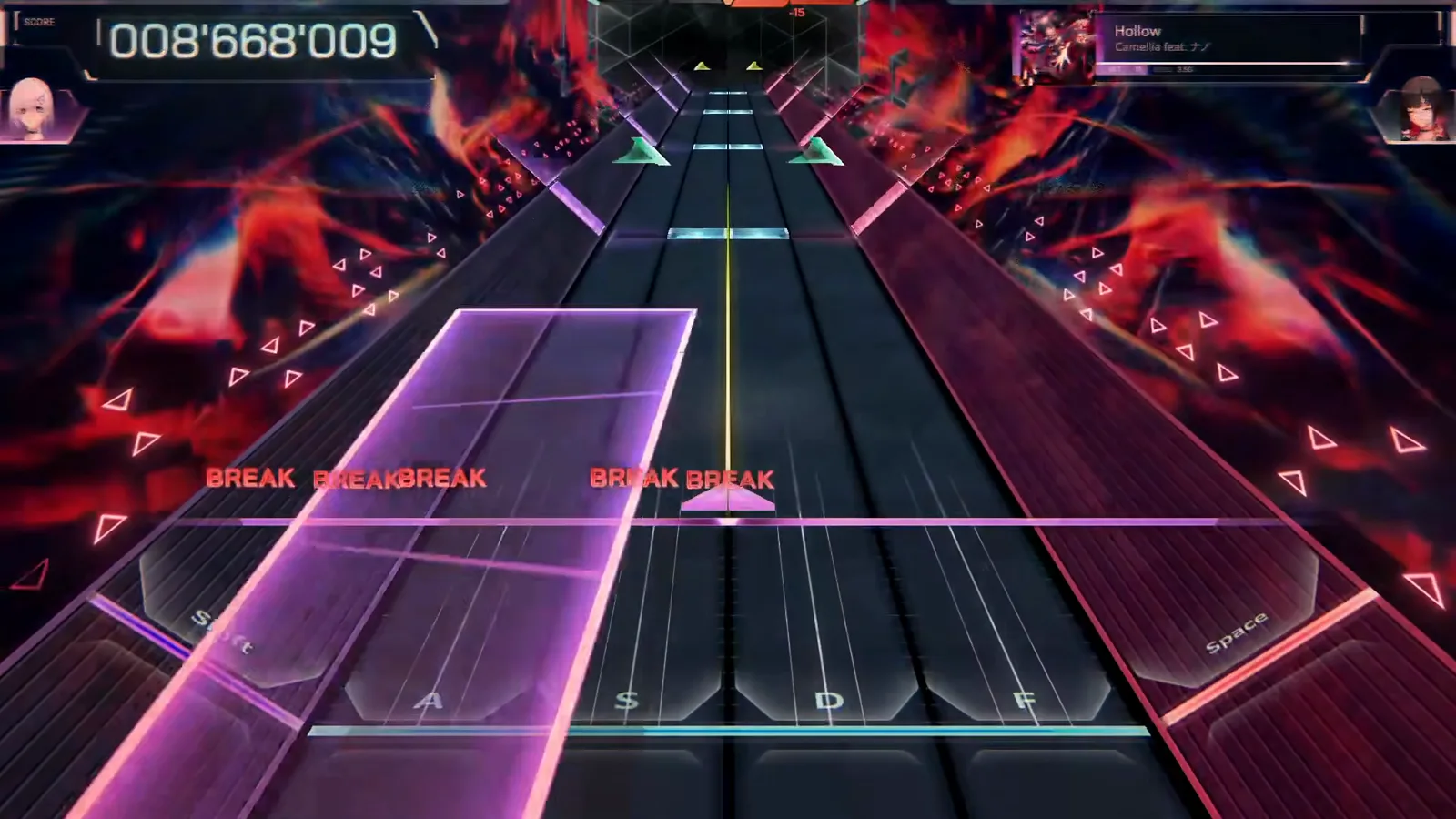 One last violet panel crosses the left lanes at 008'668'009 with green flicks overhead in In Falsus