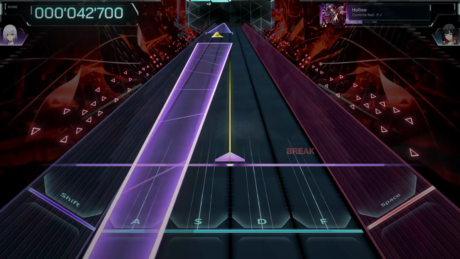 First notes of Hollow ULT 11 in In Falsus: a violet hold rail and a yellow arrow at gauge plus eight