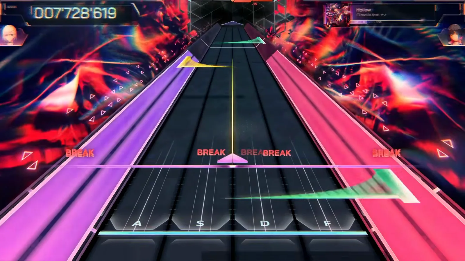Violet and magenta hold rails run the full field edges during the Hollow finale in In Falsus