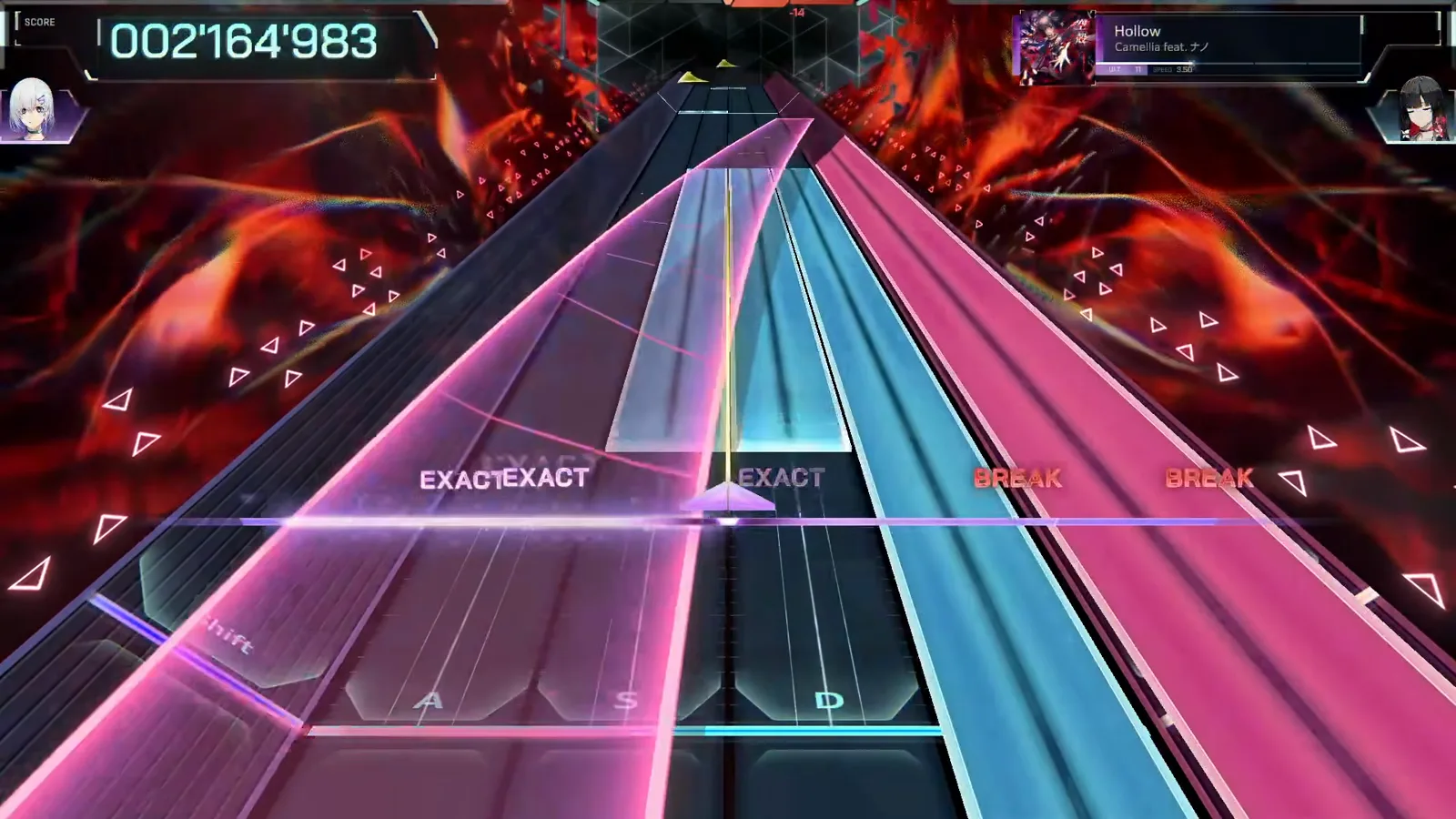 Wide magenta light sweeps three EXACTs past two BREAKs on the In Falsus field at 002'164'983