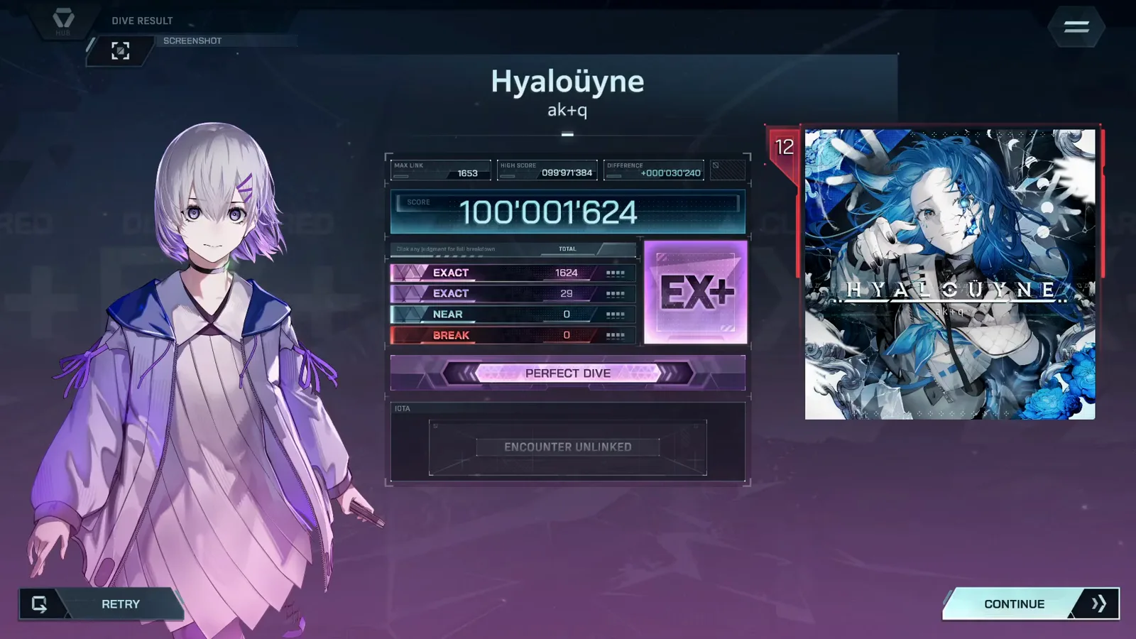 The settled In Falsus DIVE RESULT card prints 100'001'624 rank EX+ with EXACT 1624 + 29, NEAR 0, BREAK 0, MAX LINK 1653