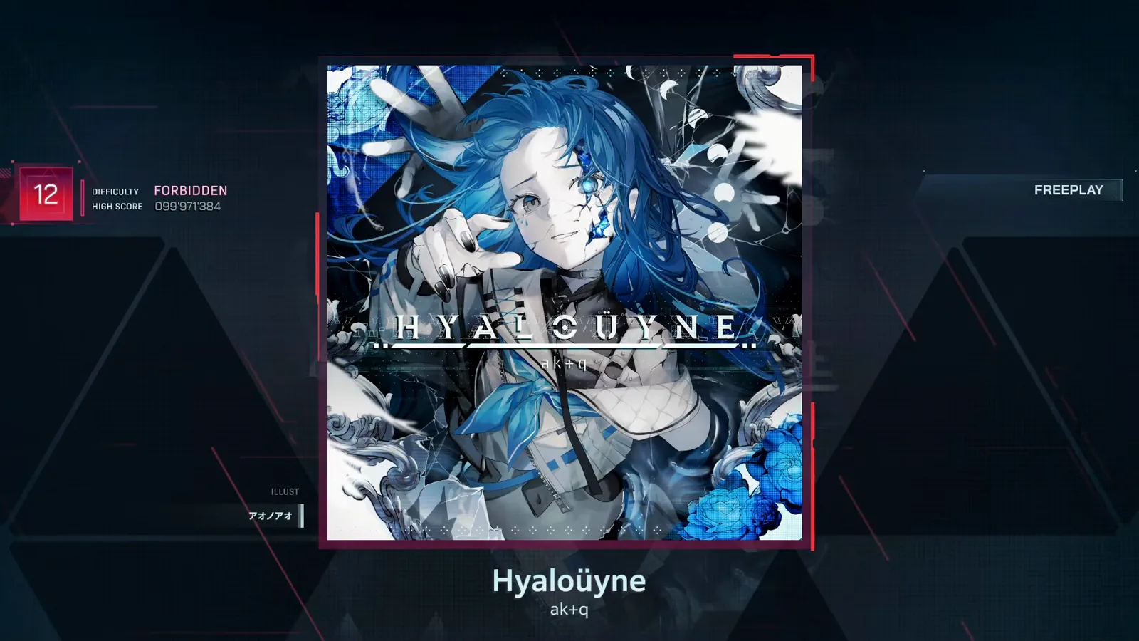 In Falsus song select for Hyaloüyne: ak+q jacket art with the red FORBIDDEN 12 badge and the account's 099'971'384 high score on FREEPLAY