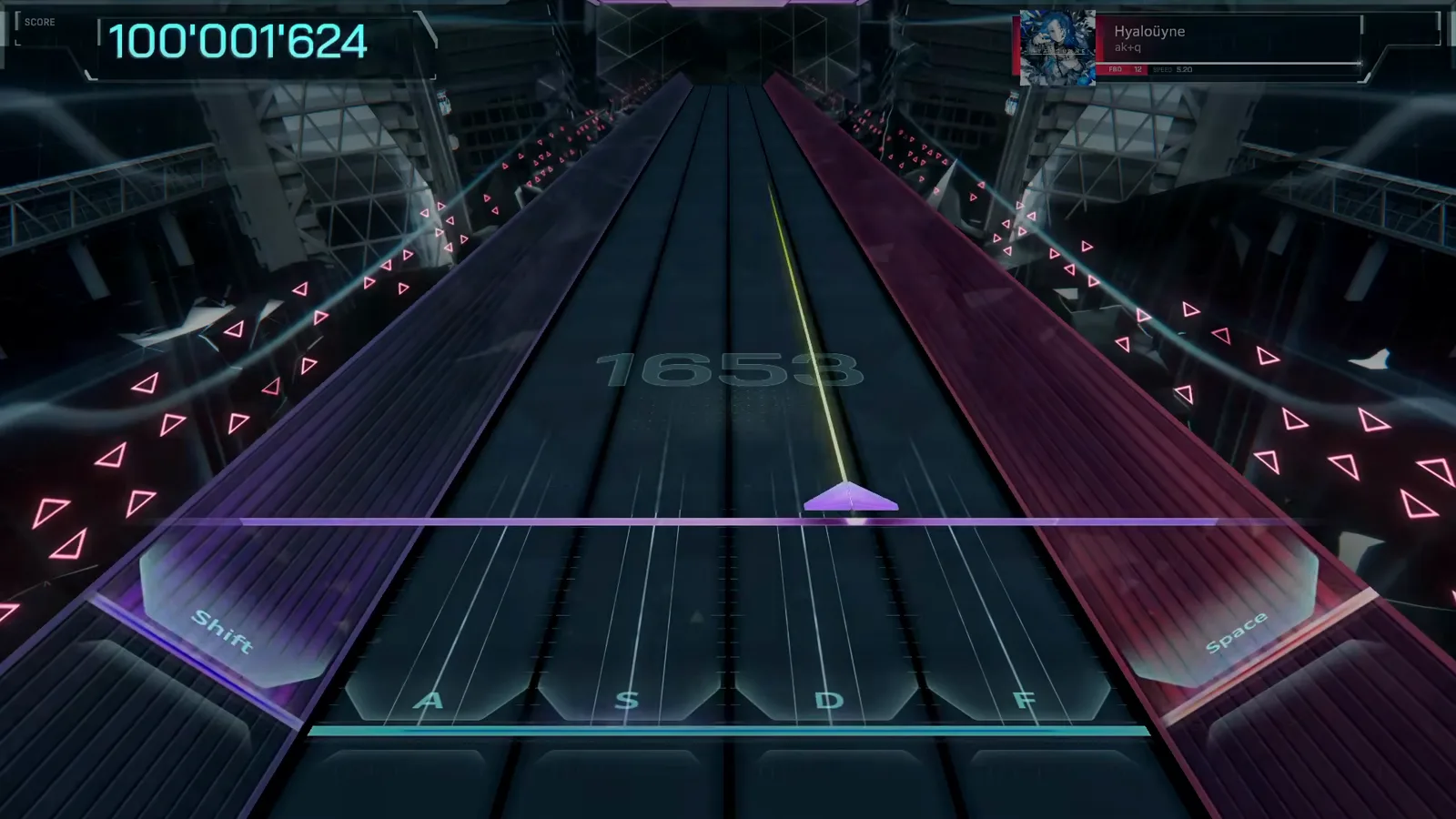 In Falsus parks the chain watermark at 1653 on the emptied Hyaloüyne field with 100'001'624 already banked on the HUD