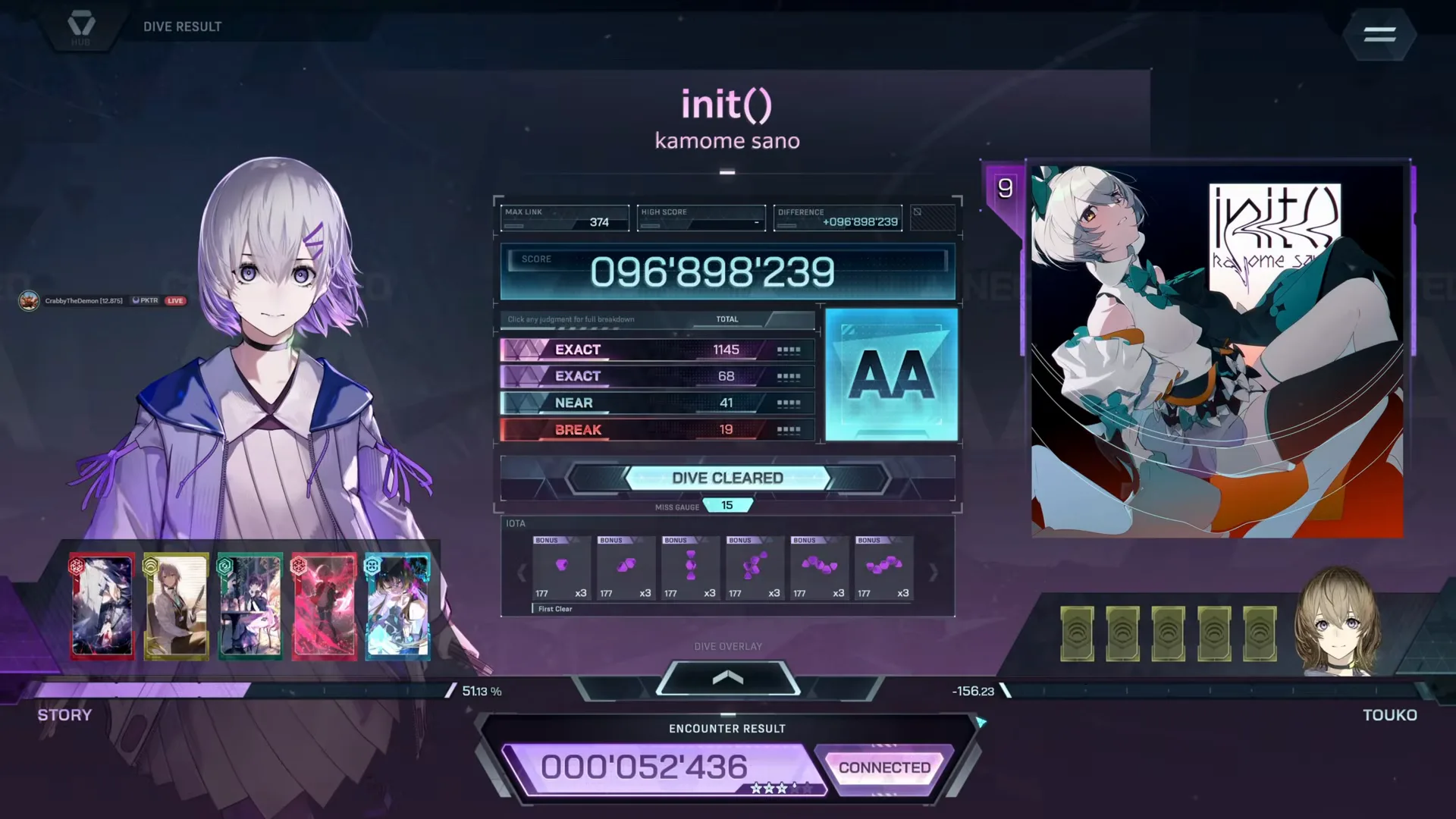 A settled init() ULT 9 card in In Falsus: 096'898'239, AA lit, 1,273 notes across four rows, First Clear tagged