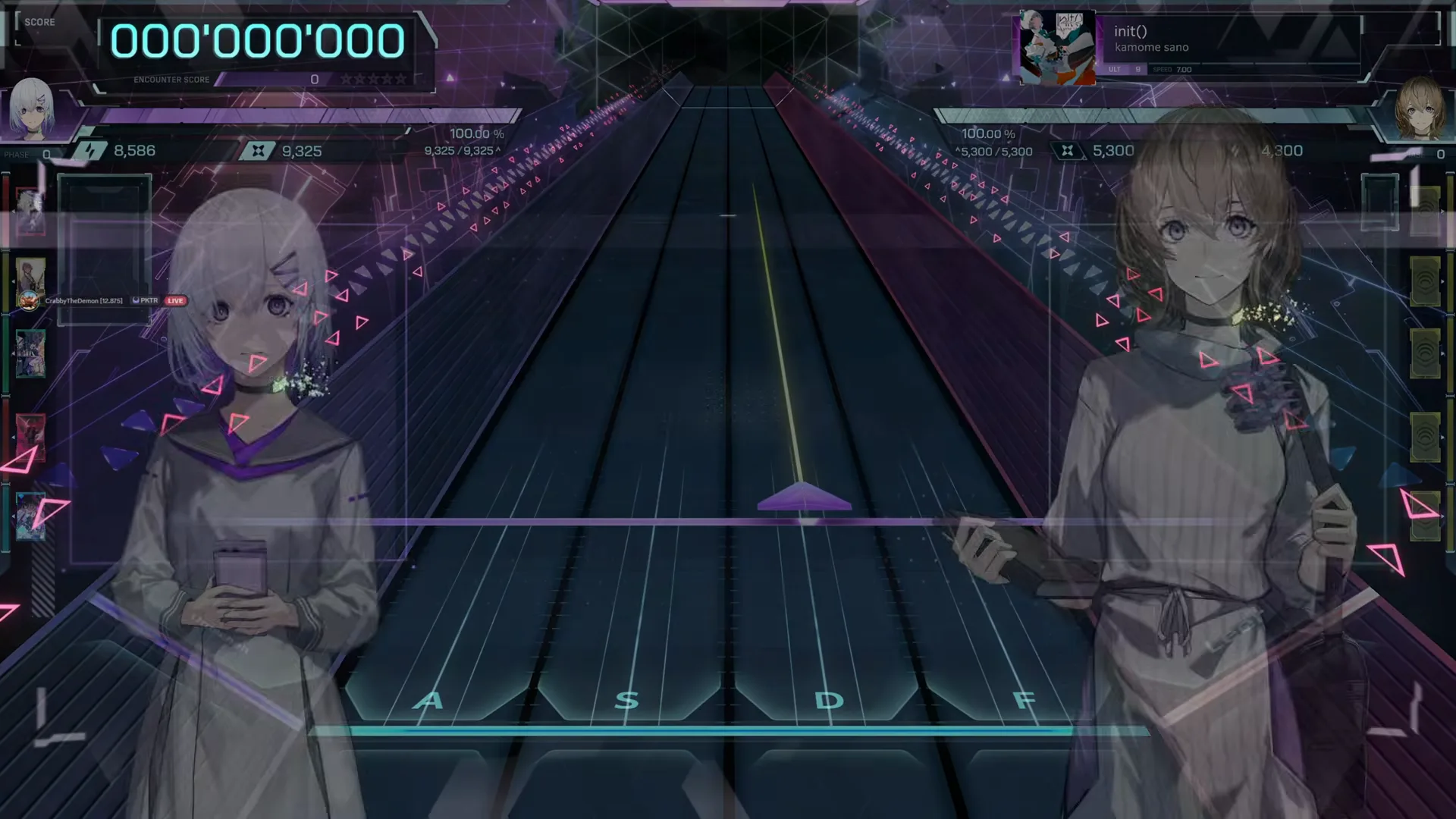 The highway is bare for init() ULT 9 in In Falsus: A S D F keys, a Leer side rail, SPEED 7.00 on the song card