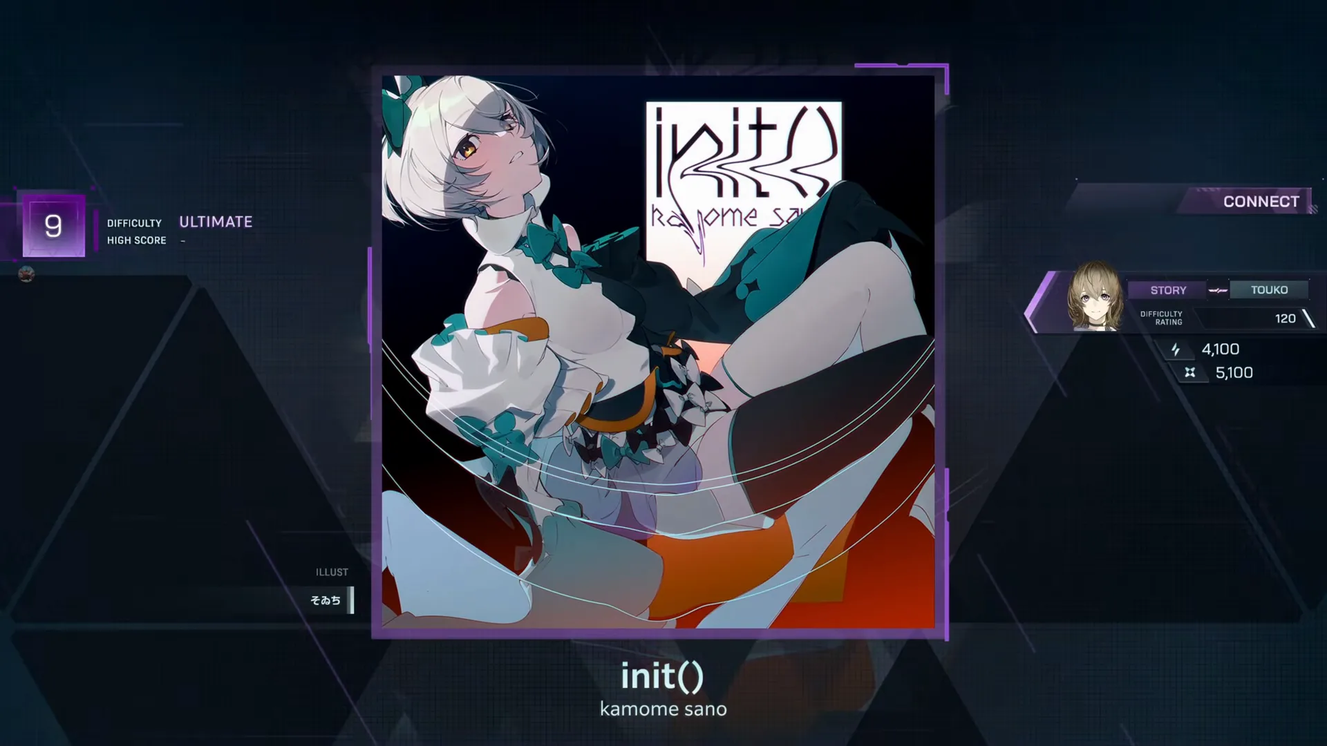 DIFFICULTY ULTIMATE 9 with a dash in HIGH SCORE on init()'s In Falsus card, jacket credited to そゐち