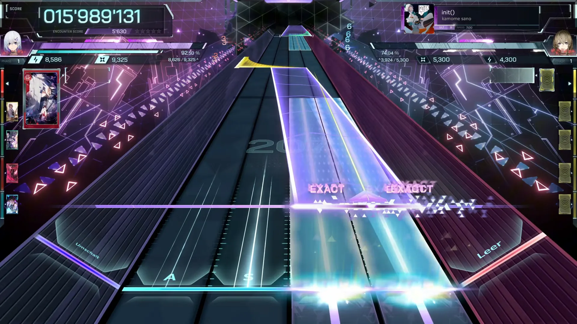 Violet and cyan hold beams run side by side at 015'989'131 as init() ULT 9 stacks three EXACTs in In Falsus