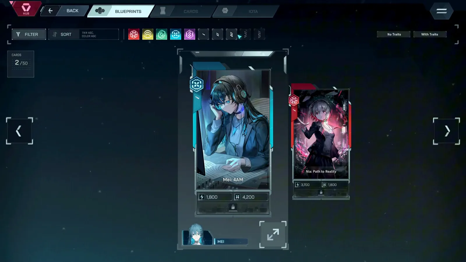 In Falsus Blueprints tab listing the two demo cards Mei: 4AM and Nia: Path to Reality with the Cards 2/50 counter
