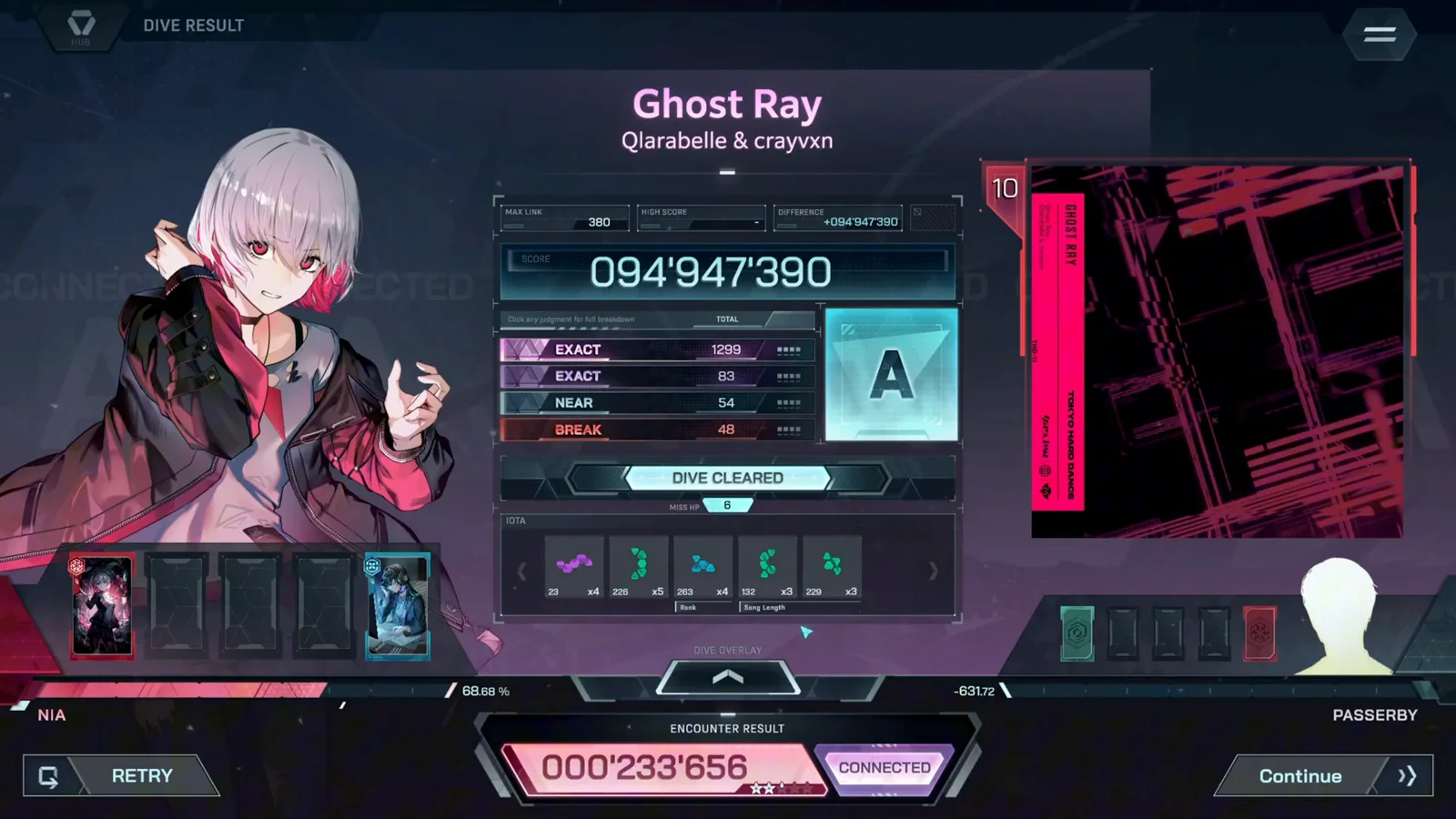 In Falsus dive result for Ghost Ray with rank A, a 094'947'390 score and the Iota drop table labelled Rank and Song Length
