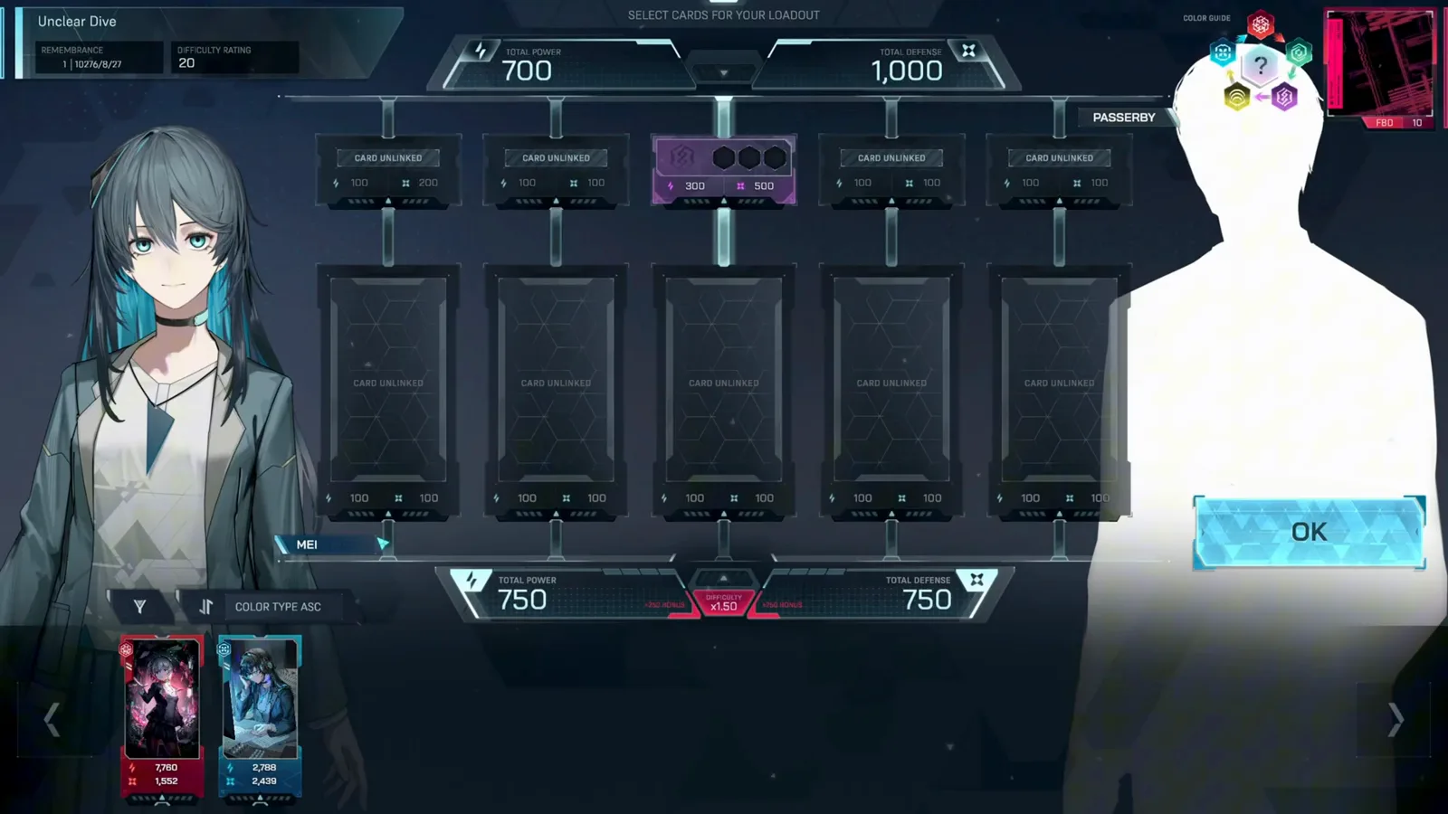 In Falsus Uncle Dive encounter loadout with five card slots, enemy totals of 700 Power and 1,000 Defense and a x1.50 difficulty multiplier