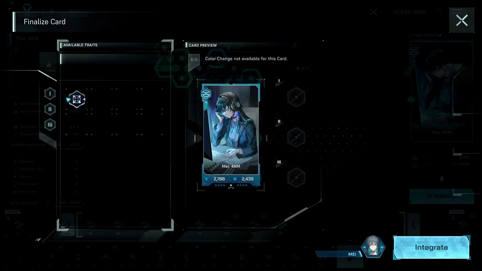 In Falsus Finalize Card screen with the Mei: 4AM card preview at 2,788 Power and 2,439 Defense beside the Integrate button