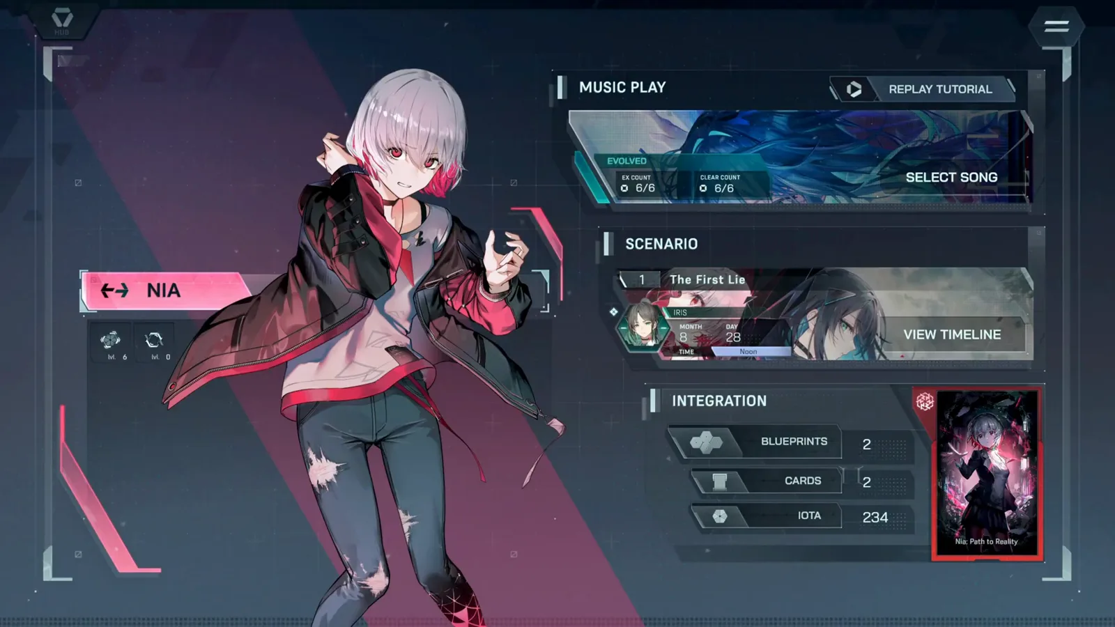 In Falsus hub menu with the Integration panel showing Blueprints 2, Cards 2 and Iota 234 beside the Nia: Path to Reality card