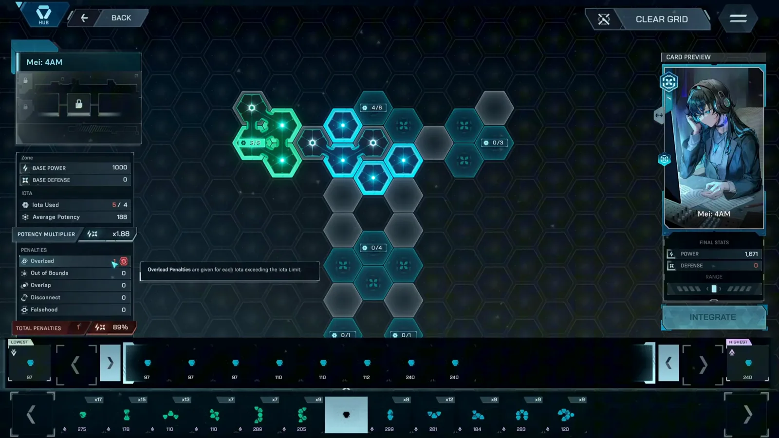 In Falsus overload penalty demo with Iota Used 5/4 in red, the Overload tooltip and the stat multiplier reduced to 89 percent