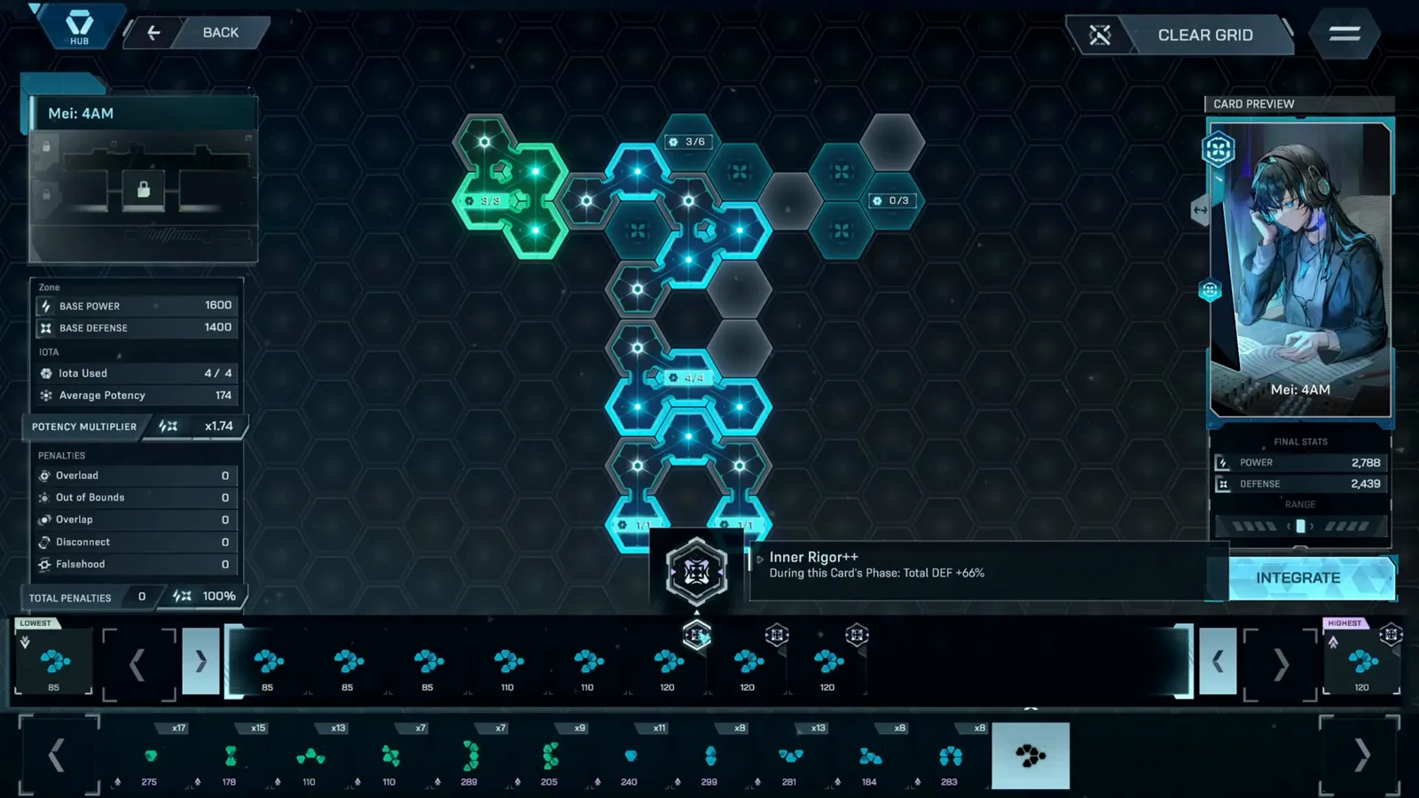 In Falsus Inner Rigor++ trait tooltip reading Total DEF +66 percent during this card phase over a finished blueprint