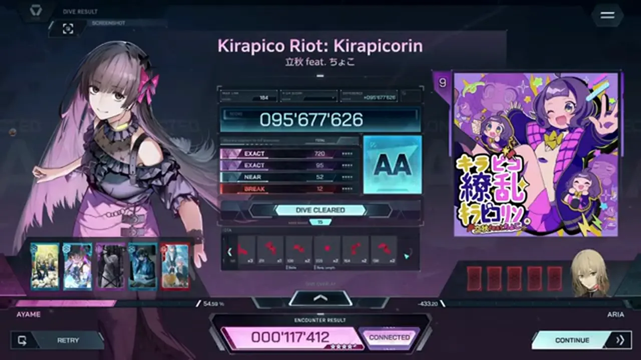 Kirapico Riot ULT 9's In Falsus result card settles at 095'677'626 with rank AA and EXACT 720 + 95 against the jacket Kirapico Riot ULT 9's In Falsus result card settles at 095'677'626 with rank AA and EXACT 720 + 95 against the jacket