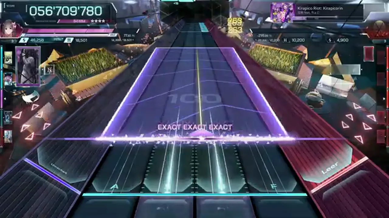 Three EXACT tags stack across a wide violet fan with the chain at 168 and 056'709'780 on the HUD in In Falsus Three EXACT tags stack across a wide violet fan with the chain at 168 and 056'709'780 on the HUD in In Falsus