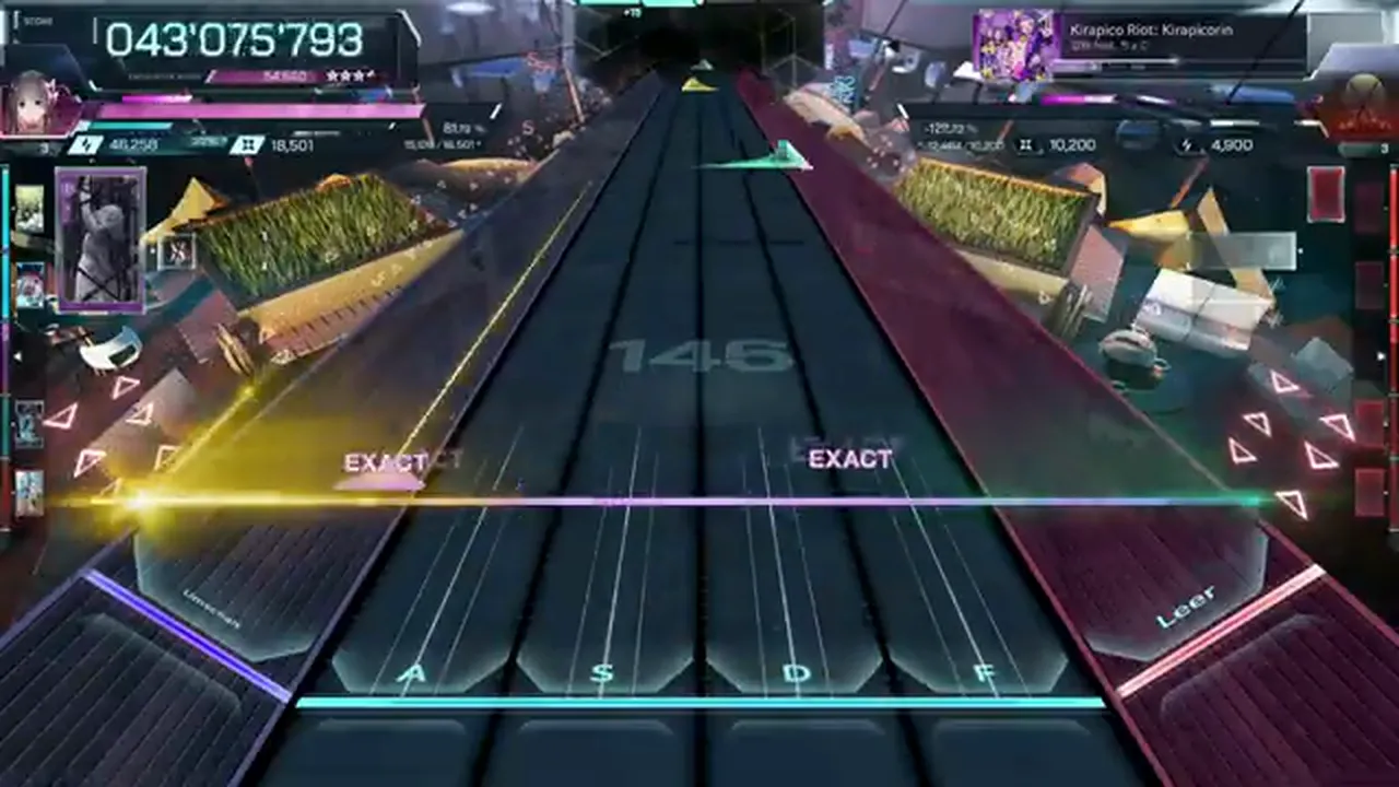 A yellow laser sweeps in from the left lane past two EXACTs at 043'075'793 in Kirapico Riot ULT 9 in In Falsus A yellow laser sweeps in from the left lane past two EXACTs at 043'075'793 in Kirapico Riot ULT 9 in In Falsus