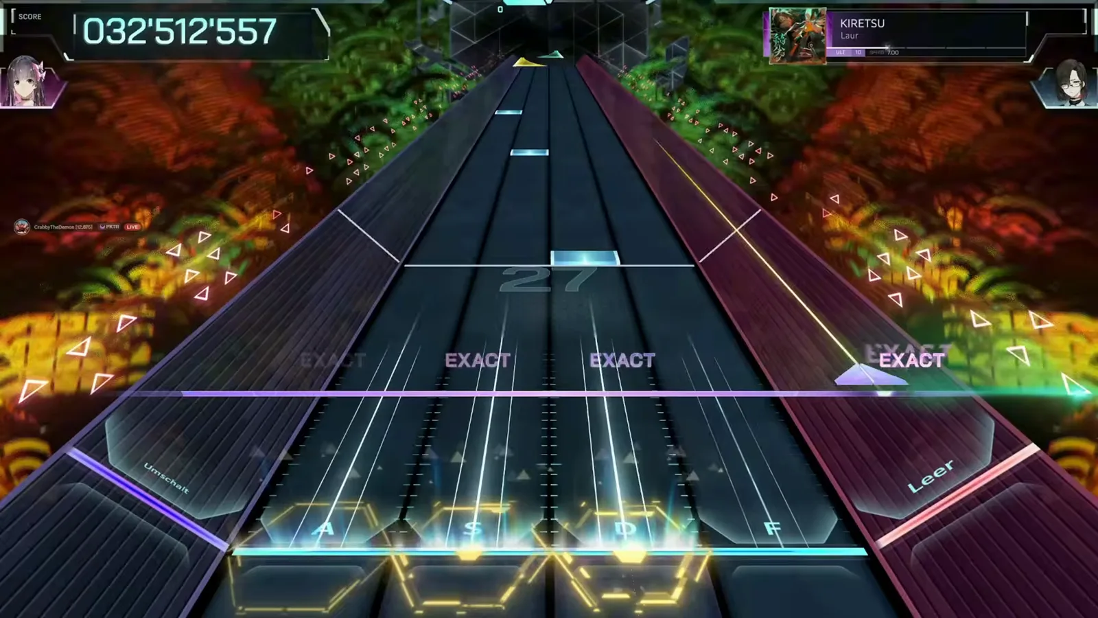 Golden hexagon bursts light the key line of KIRETSU ULT 10 in In Falsus as four lanes score EXACT Field notes