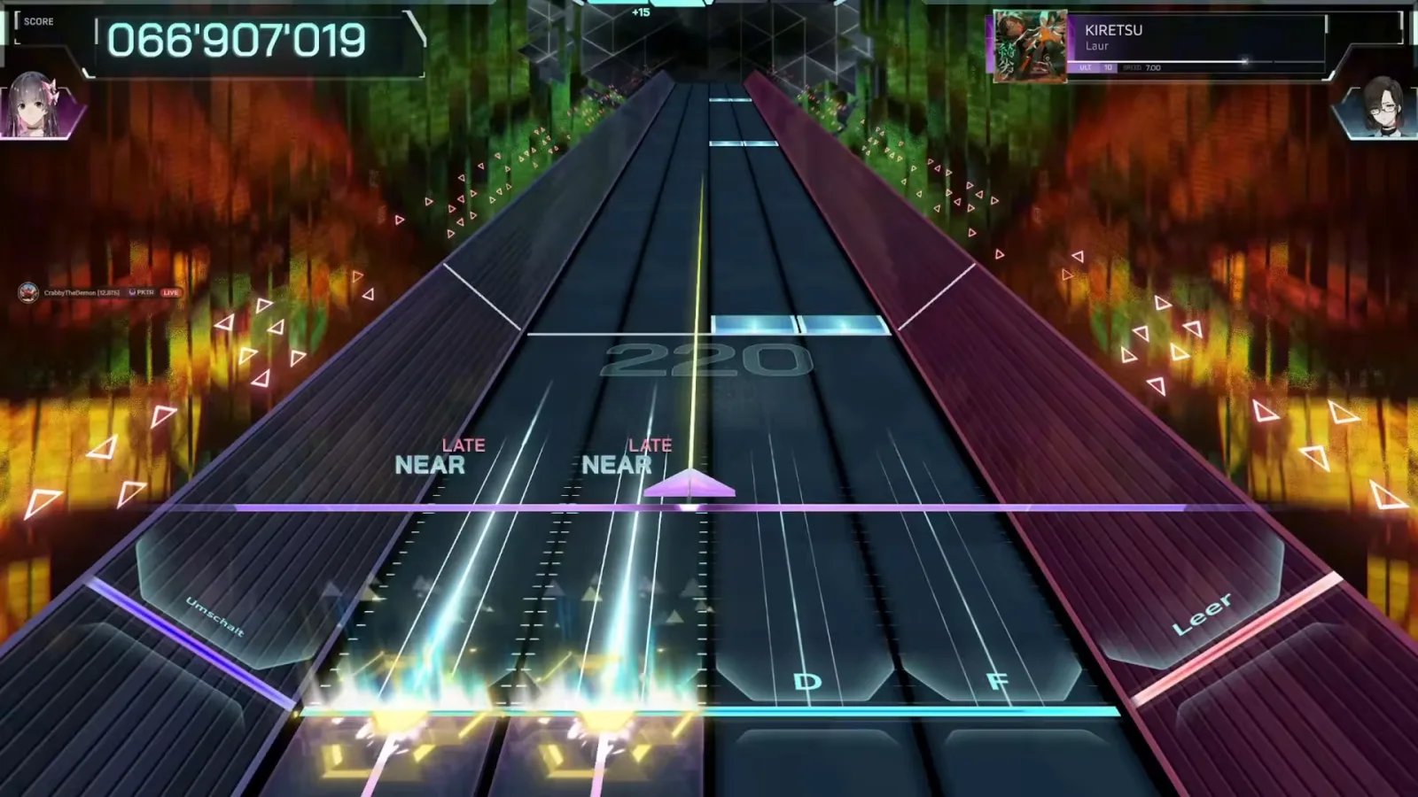 Two LATE NEAR stamps flag dragged key presses at chain 220 in the back half of KIRETSU ULT 10 in In Falsus