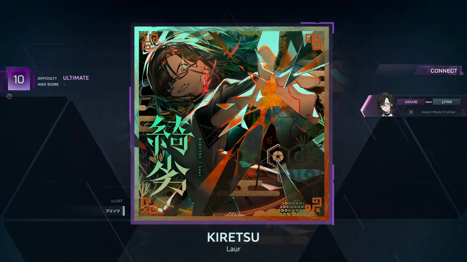 Pre-dive KIRETSU ULTIMATE 10 card in In Falsus with a blank HIGH SCORE row and the Assist Mode Enabled tag beneath