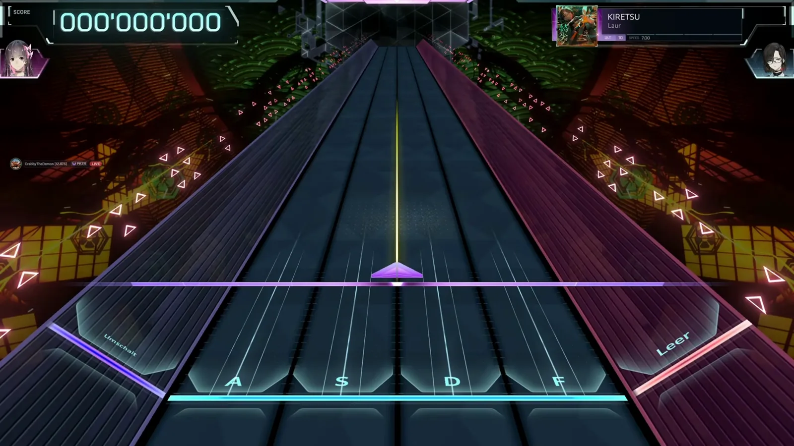 KIRETSU ULT 10 score HUD in In Falsus pinned at 000 000 000 over an empty six-lane field at SPEED 7.00