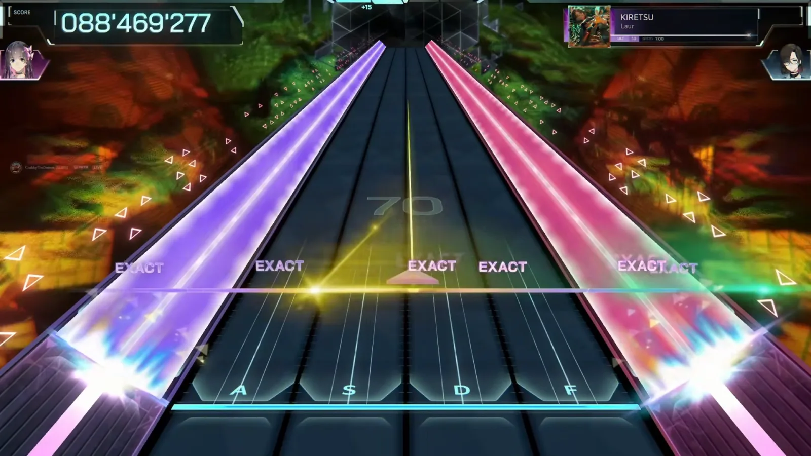 Both outer lanes of KIRETSU ULT 10 in In Falsus glow purple and pink as paired hold slabs close it on six EXACTs