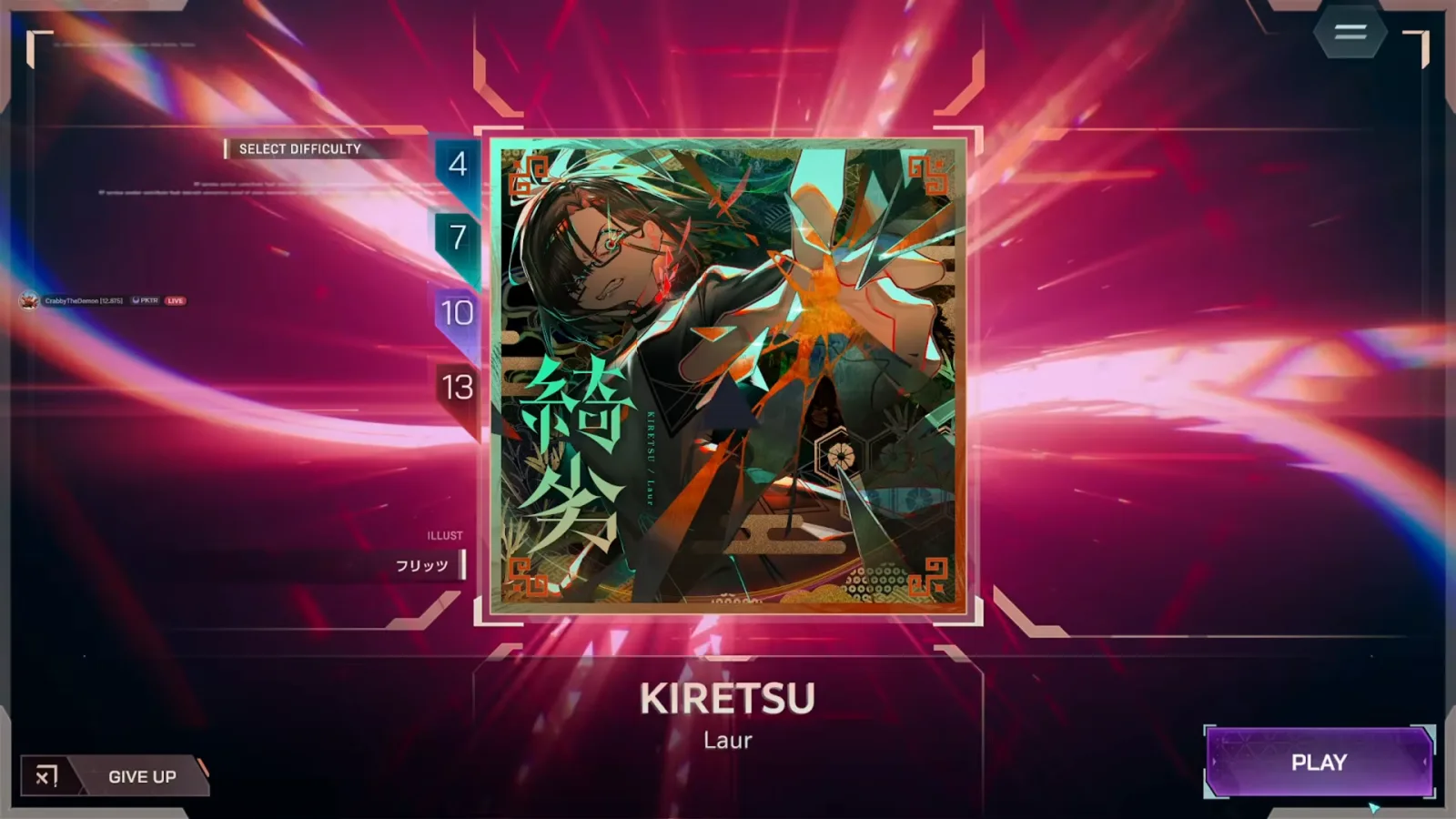 In Falsus difficulty selector for KIRETSU by Laur showing all four tier numbers 4, 7, 10 and 13 above the PLAY button