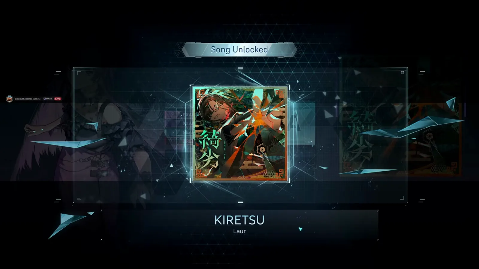 Song Unlocked ceremony card presenting KIRETSU by Laur and its shattered-glass jacket art in In Falsus