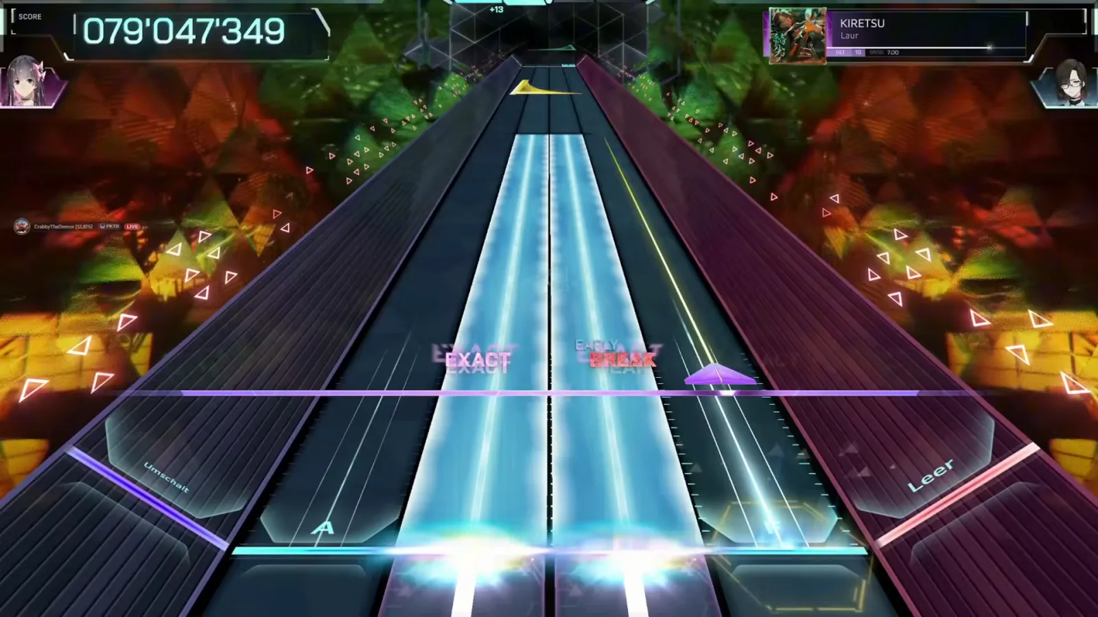 Twin cyan hold slabs in KIRETSU ULT 10 in In Falsus where the right press earns EXACT and the left drops an EARLY BREAK