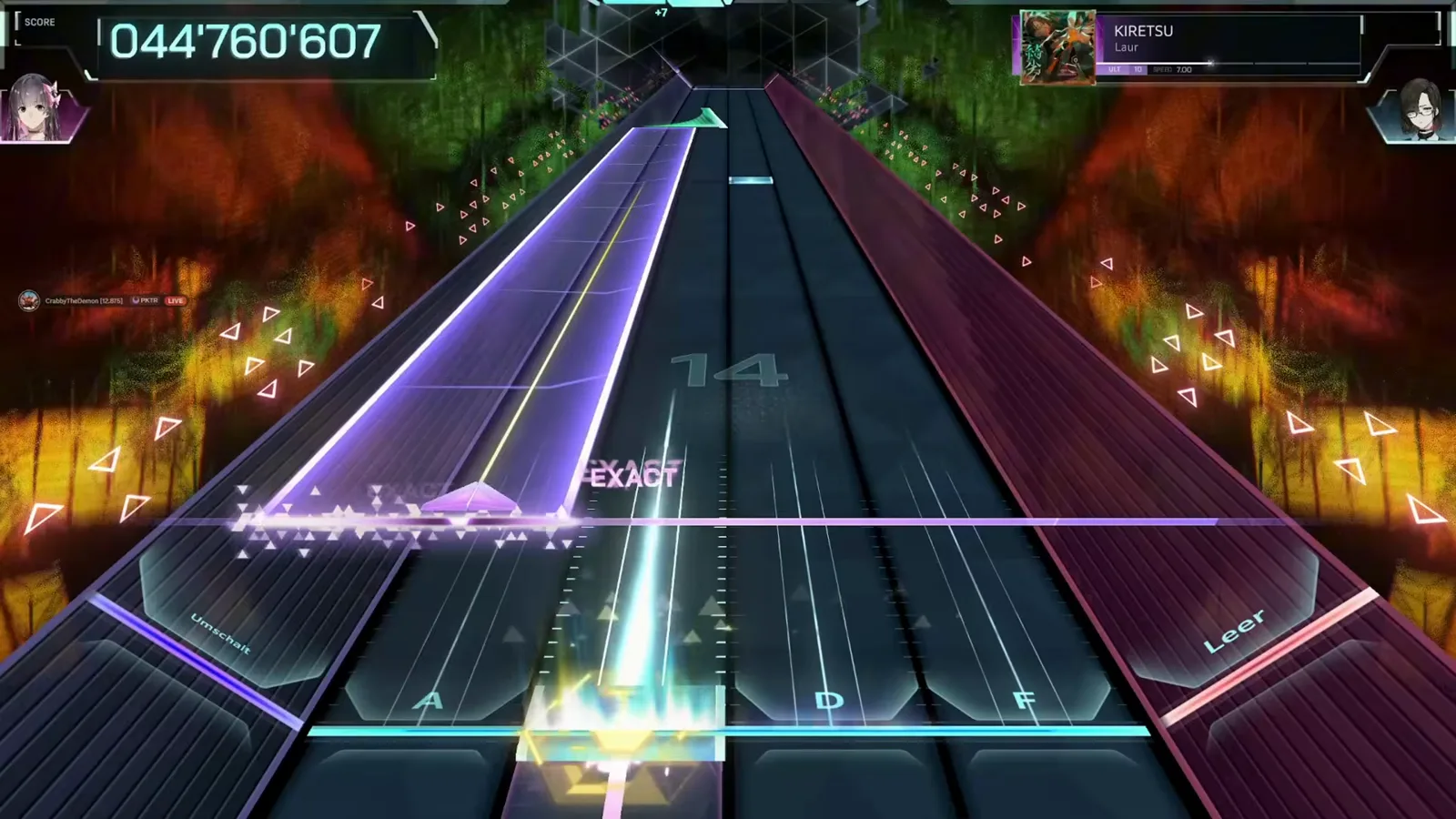 A tapered violet triangle slab holds the left lanes of KIRETSU ULT 10 in In Falsus as the chain restarts at 14