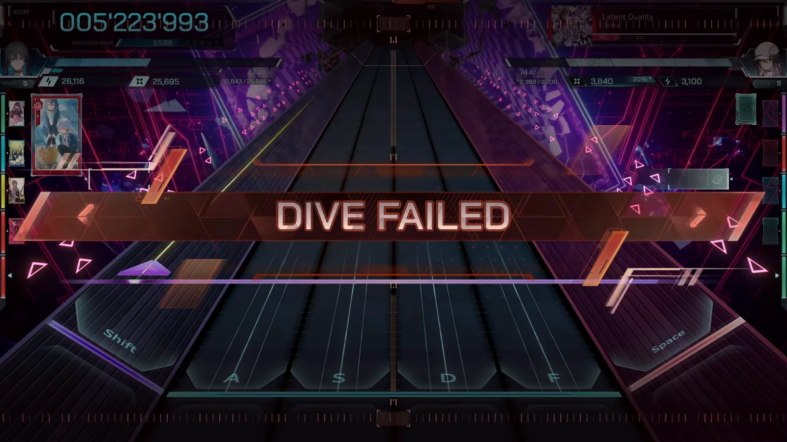 DIVE FAILED banner across the In Falsus field with the Latent Duality score locked at 005’223’993