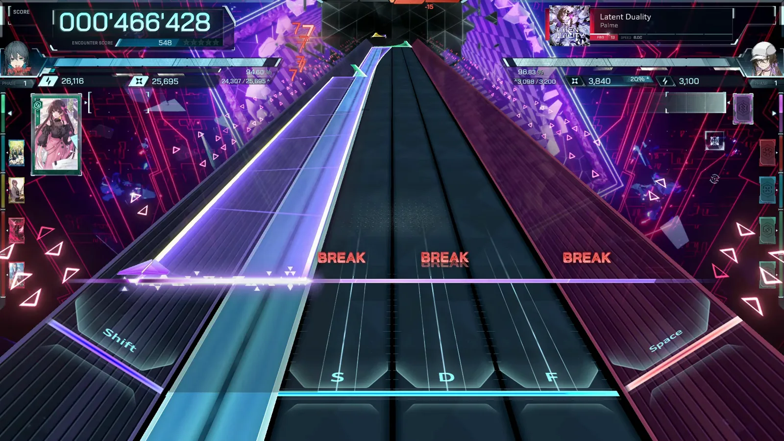 First sparks of the run land at 000'466'428 as a cyan hold beam meets three BREAK notes in In Falsus