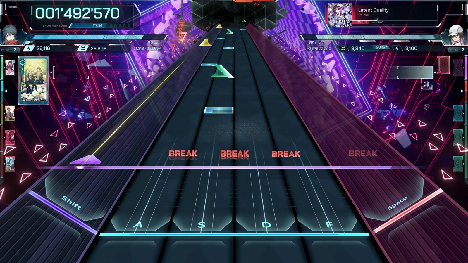 Yellow triangle flicks and glass slabs fall toward four BREAK tags at 001’492’570 in In Falsus