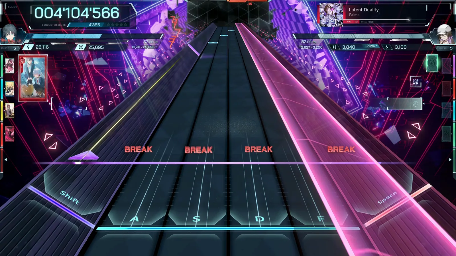 Late in the chart a magenta beam rides the Space lane past four BREAK notes at 004’104’566 in In Falsus