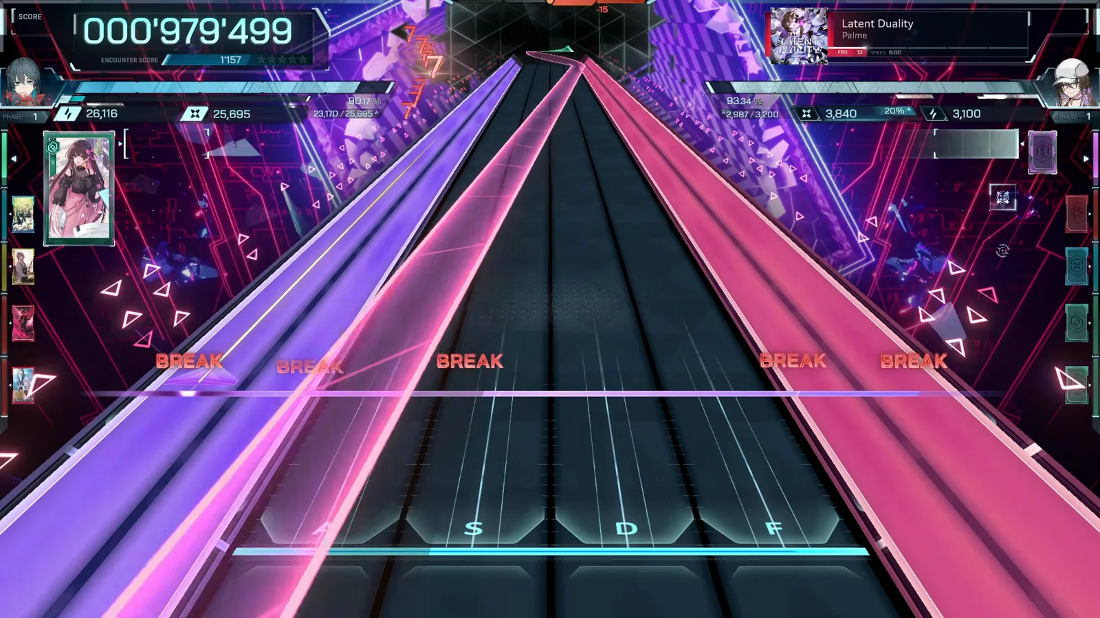 Violet and pink beams split the six In Falsus lanes under five BREAK labels at 000’979’499