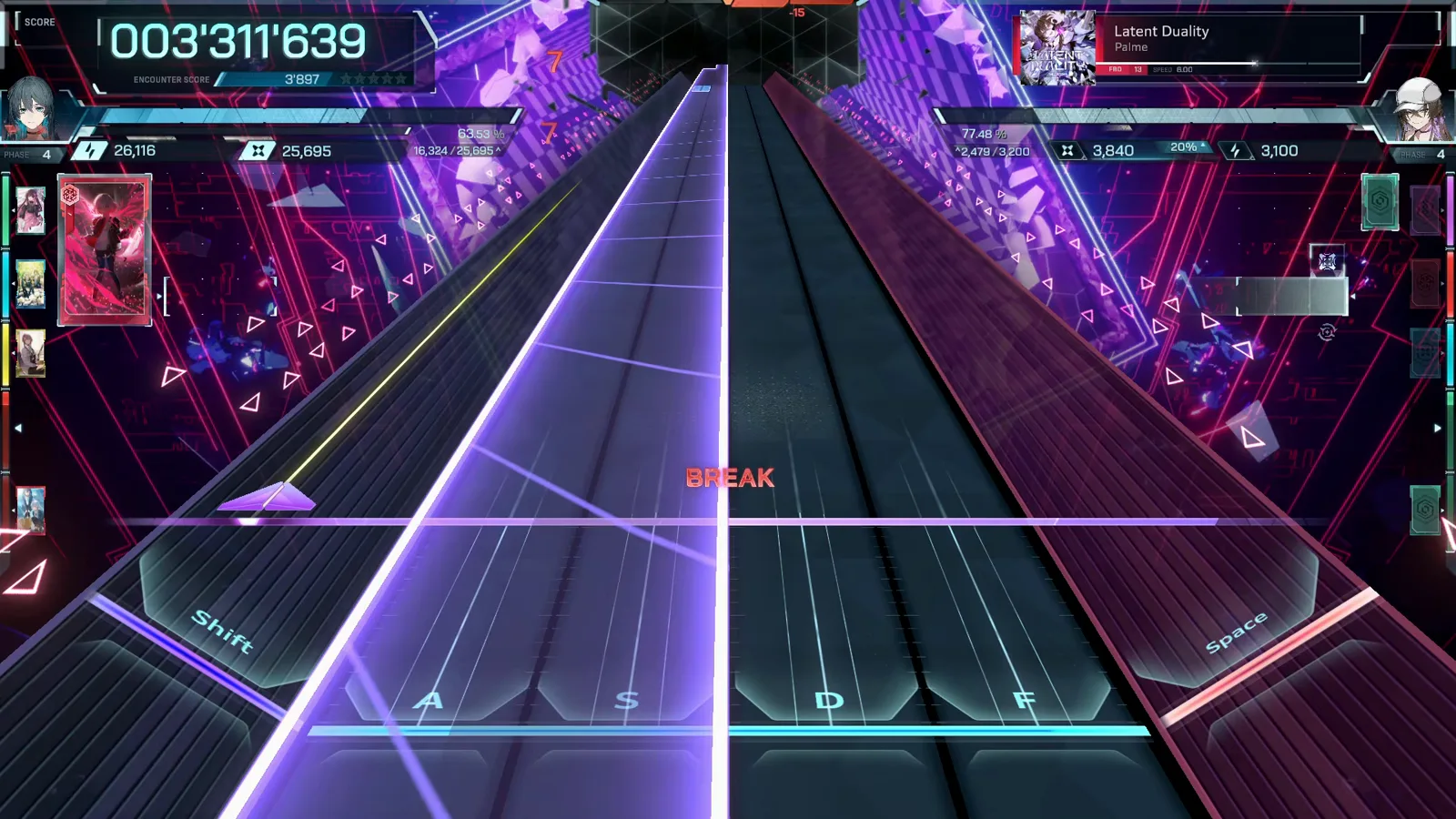 A white-violet hold beam floods the left lanes while the In Falsus score stands frozen at 003’311’639
