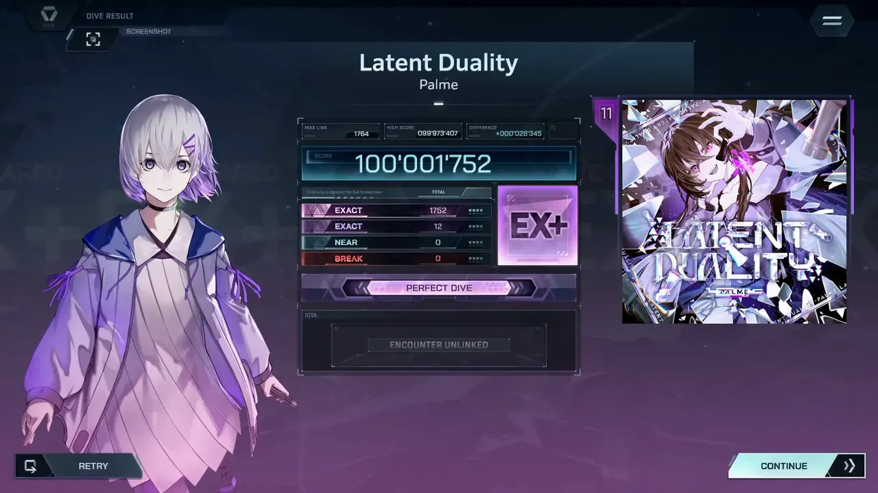 In Falsus DIVE RESULT settles Latent Duality ULT 11 at 100'001'752 rank EX+ with EXACT 1752 plus 12 and MAX LINK 1764 In Falsus DIVE RESULT settles Latent Duality ULT 11 at 100'001'752 rank EX+ with EXACT 1752 plus 12 and MAX LINK 1764