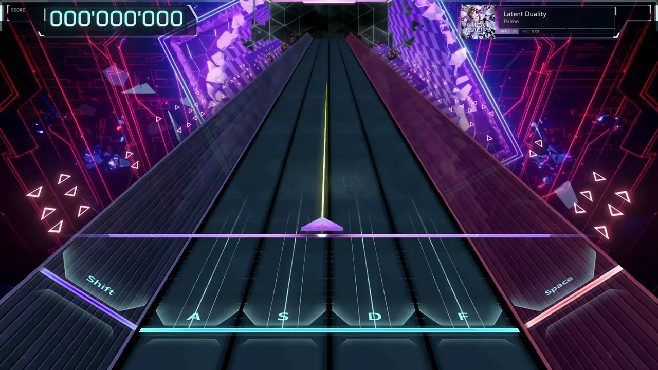 In Falsus zero-hour HUD shows the Latent Duality song chip by Palme reading ULT 11 and SPEED 5.20 at score 000'000'000 In Falsus zero-hour HUD shows the Latent Duality song chip by Palme reading ULT 11 and SPEED 5.20 at score 000'000'000