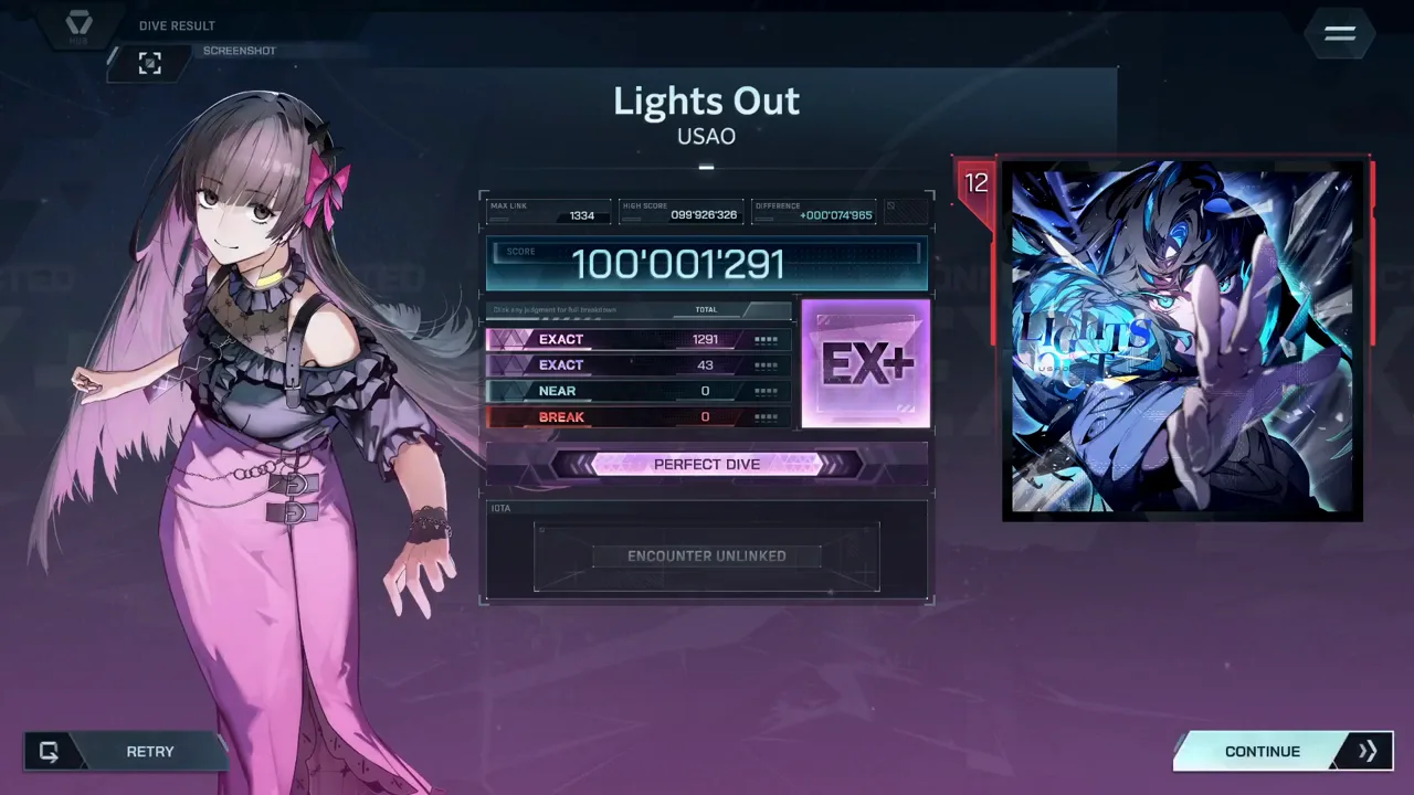 Lights Out's settled In Falsus card shows 100'001'291 at rank EX+ with EXACT 1291 plus 43 and MAX LINK 1334 Lights Out's settled In Falsus card shows 100'001'291 at rank EX+ with EXACT 1291 plus 43 and MAX LINK 1334