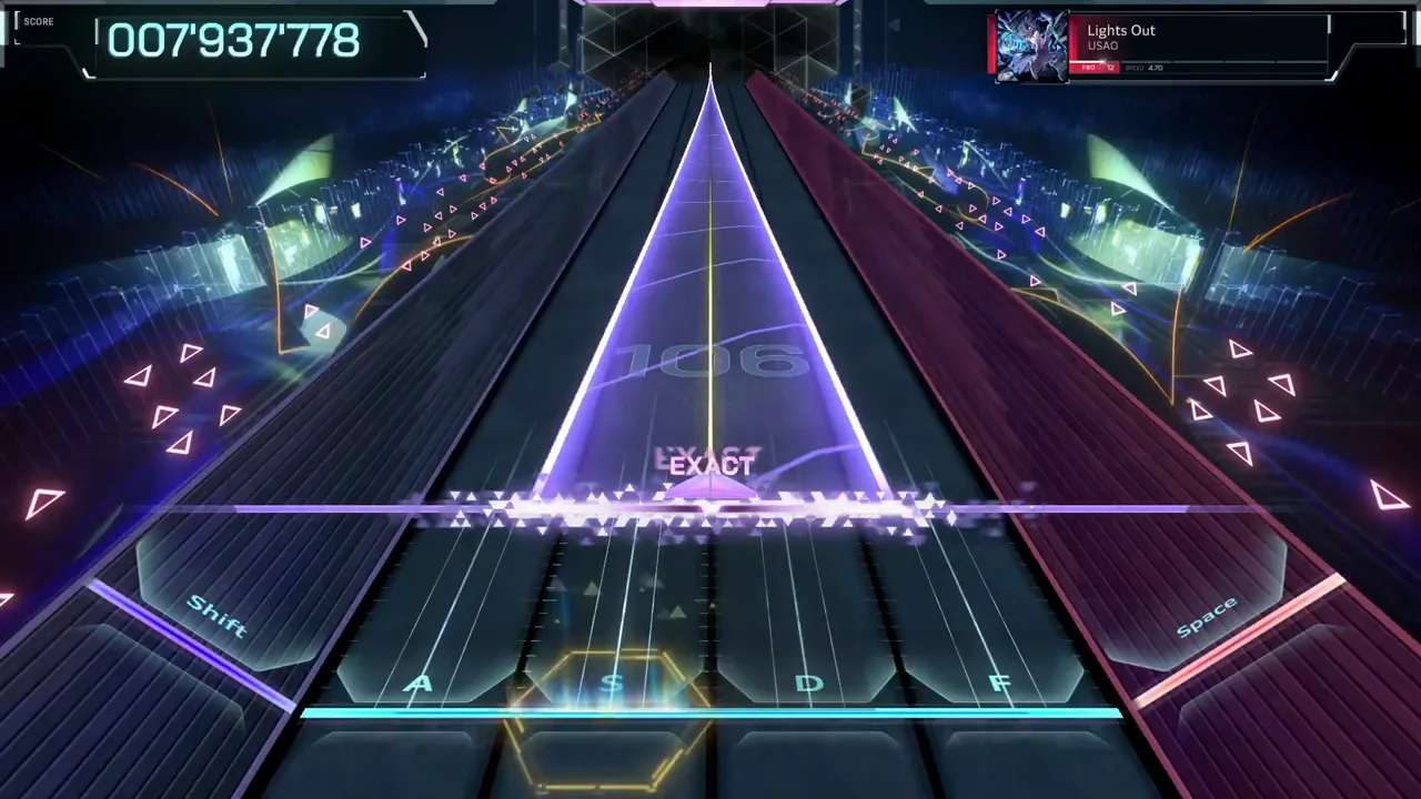A violet wide beam sweeps Lights Out's judgment line at 007'937'778 while an EXACT call rings in In Falsus FBD 12 A violet wide beam sweeps Lights Out's judgment line at 007'937'778 while an EXACT call rings in In Falsus FBD 12