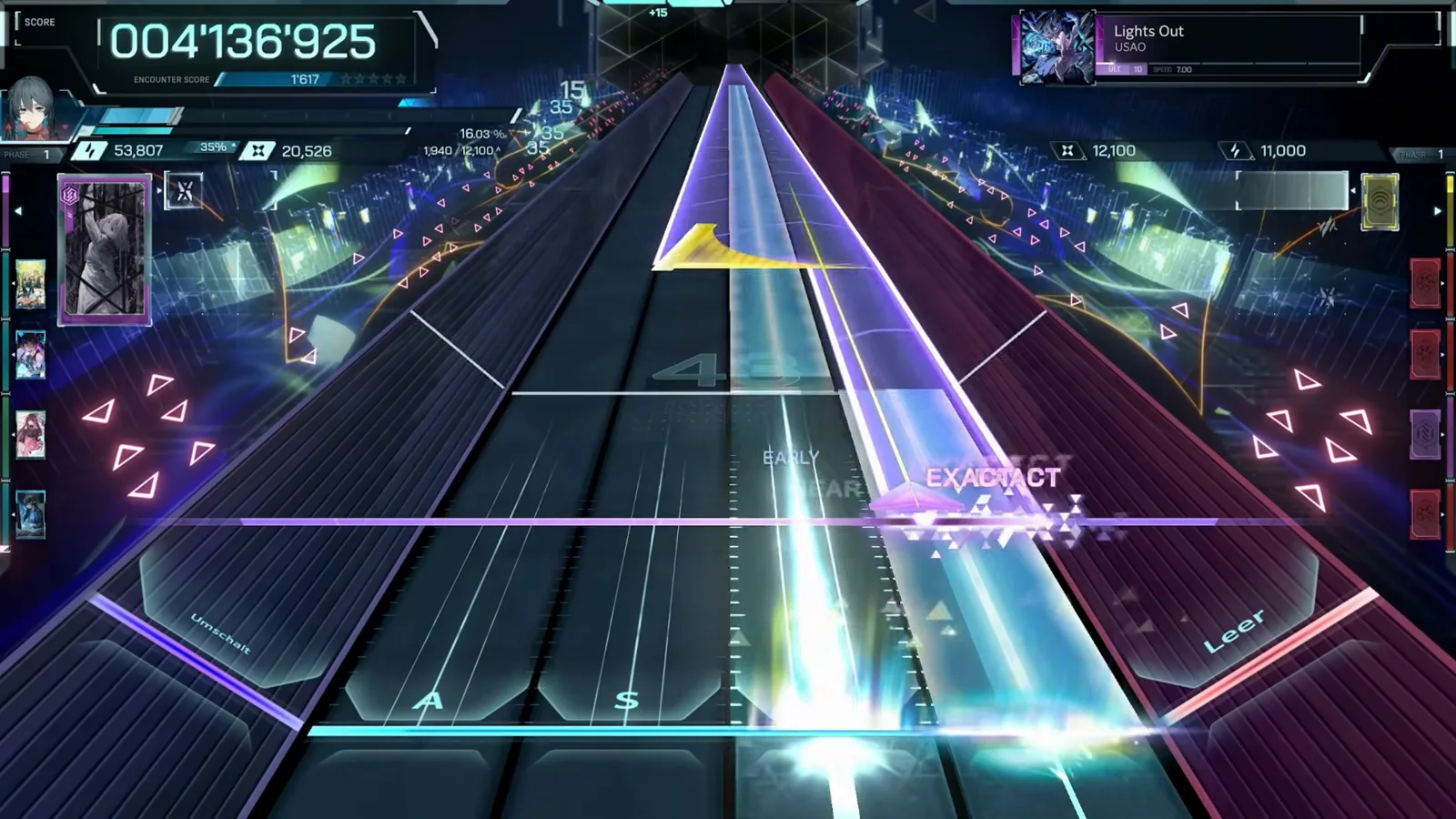 A yellow wedge splits white beams under EXACT labels at 004 136 925 in Lights Out ULT 10 in In Falsus A yellow wedge splits white beams under EXACT labels at 004 136 925 in Lights Out ULT 10 in In Falsus